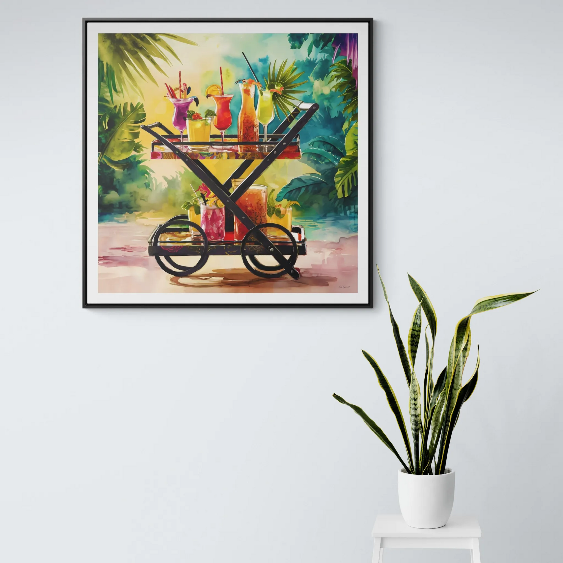 Canvas Wall Art, Tropical Bar Cart Drinks, Square Framed Decor, Fun Party Home Decoration, Colorful Cocktails Print - LOLA VEGAS ART