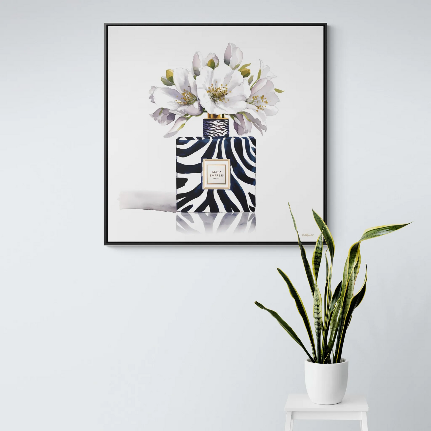 Framed Canvas Wall Art - Watercolor Zebra Perfume Bottle 'ALPHA EMPRESS' with White Flowers Print