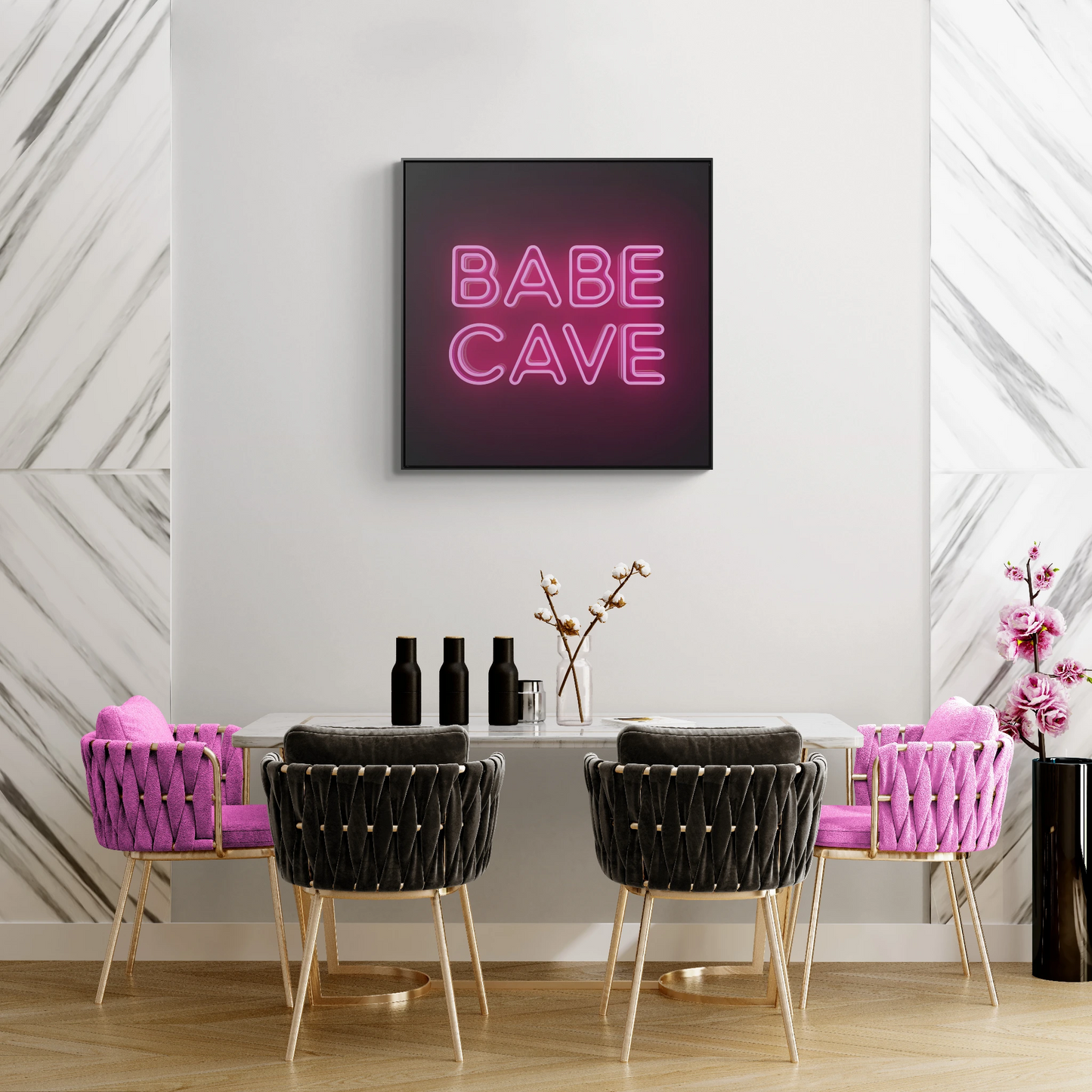 Canvas Wall Art Babe Cave, Feminine Pink Neon Typography Square Framed Decor, Square Frame Wall Hanging, Trendy Gallery Canvas Print, Home