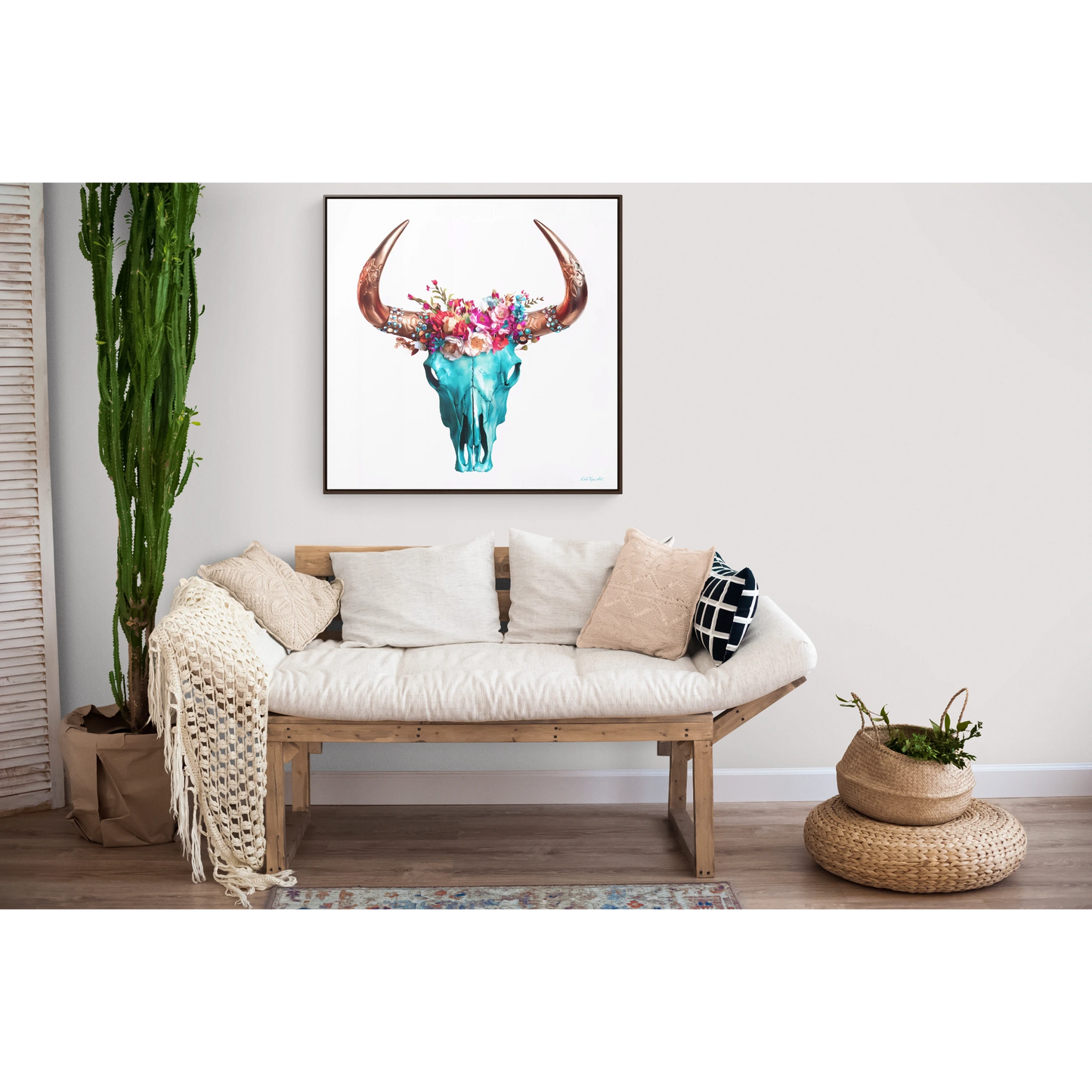 Boho Turquoise Skull Head Square Frame Gallery Canvas Wrap Wall Art, Eclectic Native American Chic, Hippie Floral Horns Decor, Southwest