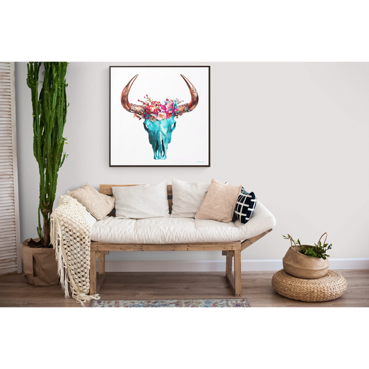 Boho Turquoise Skull Head Square Frame Gallery Canvas Wrap Wall Art, Eclectic Native American Chic, Hippie Floral Horns Decor, Southwest