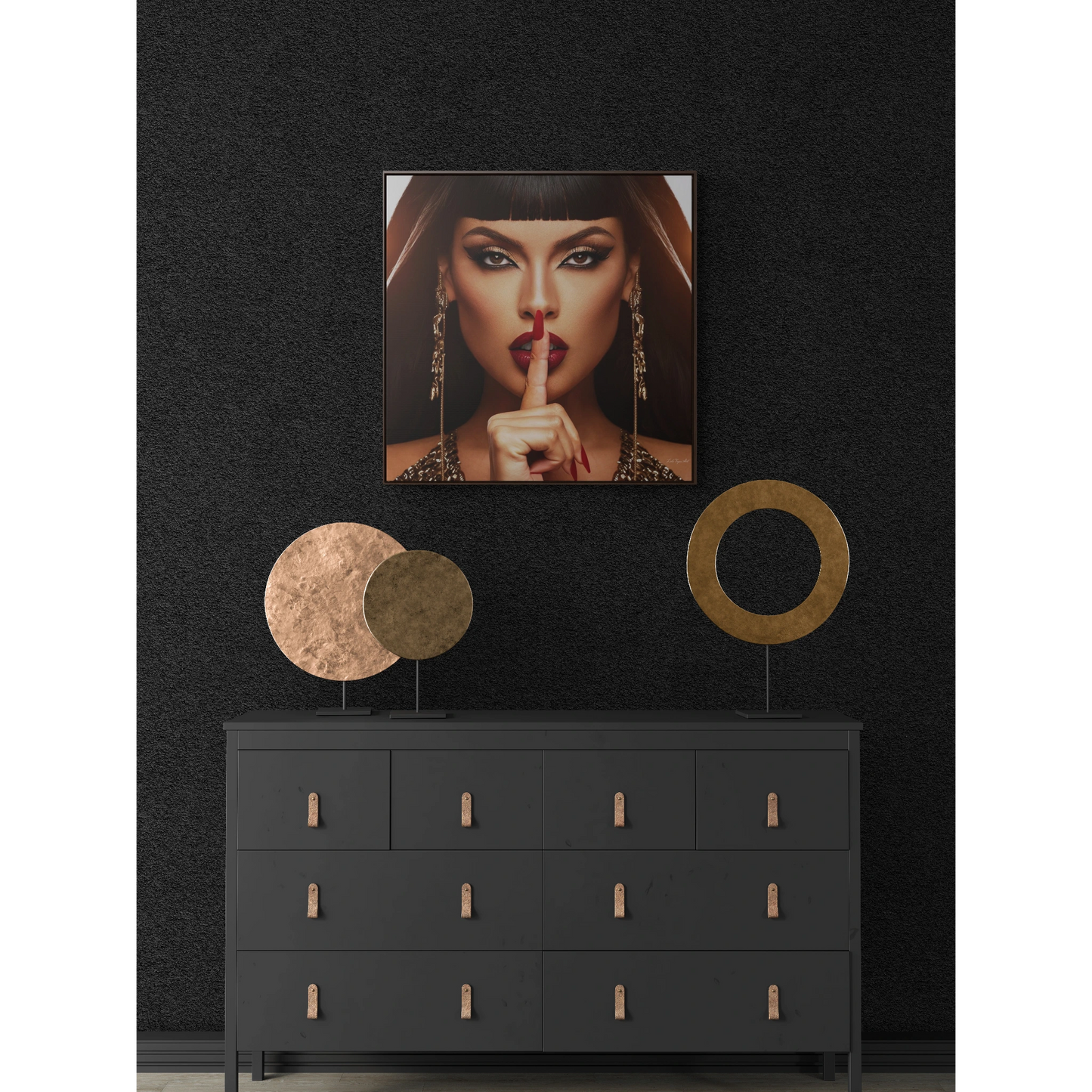 Square Frame Canvas Wall Art - Fine Art Photography of Egyptian Woman, Red Lips, Glamorous Decor, Fashionista, Be Quiet Sign, Gallery Canvas - LOLA VEGAS ART