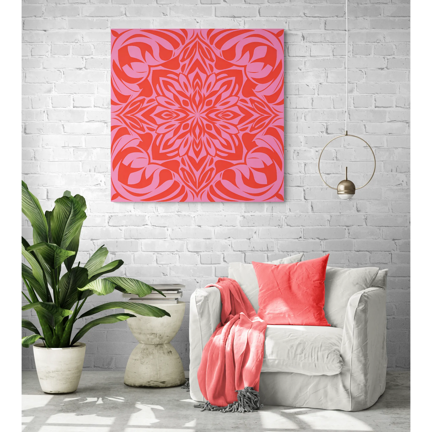 Canvas Wall Art, Pink and Orange Boho Design, Feminine Home Decor, Square, Stretched, 1 25" Matte Canvas, Bohemian Chic, Artwork Print,