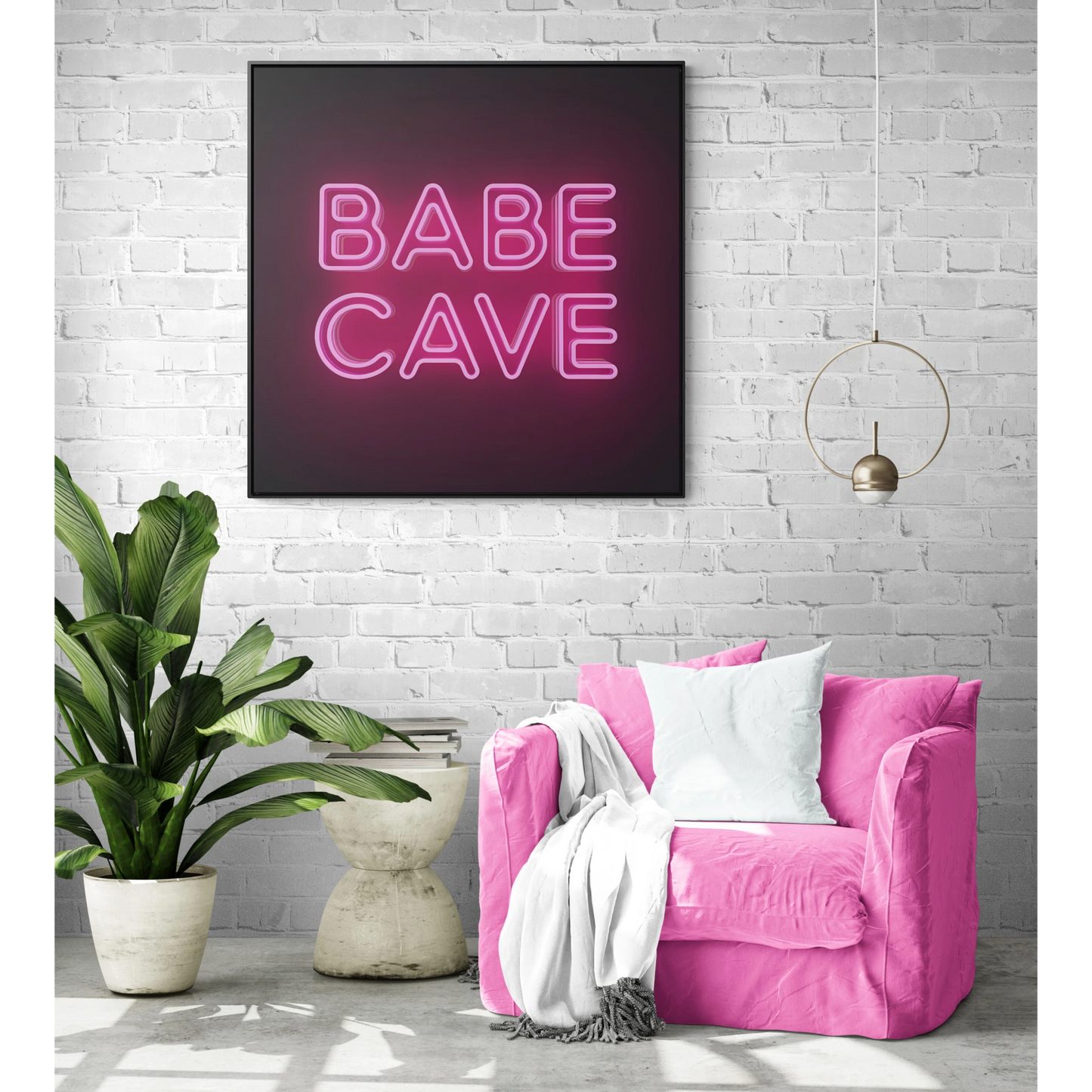 Canvas Wall Art Babe Cave, Feminine Pink Neon Typography Square Framed Decor, Square Frame Wall Hanging, Trendy Gallery Canvas Print, Home