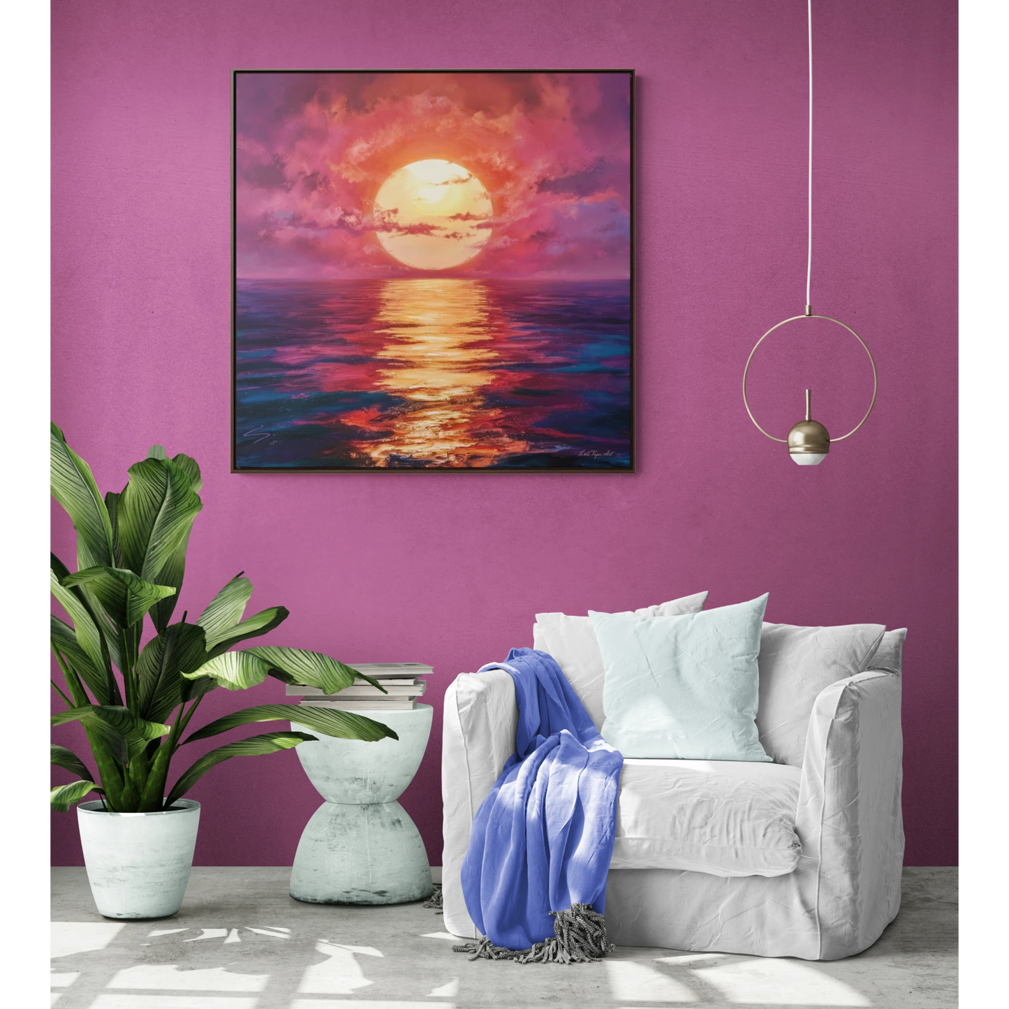 Canvas Wall Art, Moonlight Pink Orange Sky Square Frame Serenity Calmness Decor, Ocean Gallery Wrap, Home Office Decor, Beach House Gift,