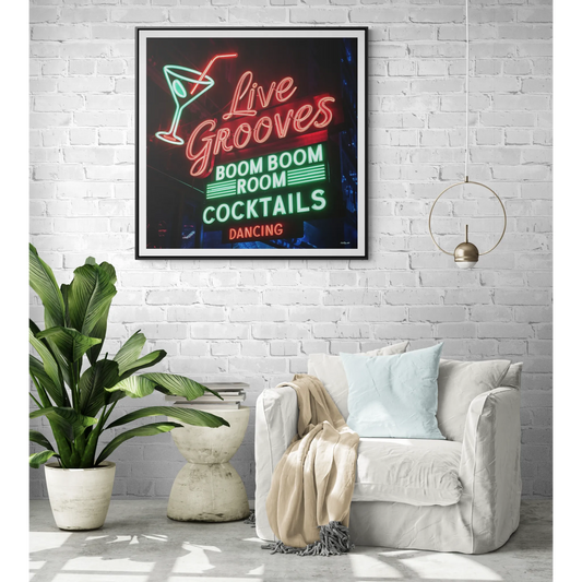 Neon Bar Sign Canvas, Retro Wall Art, Square Frame Photo Print, Home Decor Gift Idea, Cool Vintage Style, Jazzy Artwork for Living Room