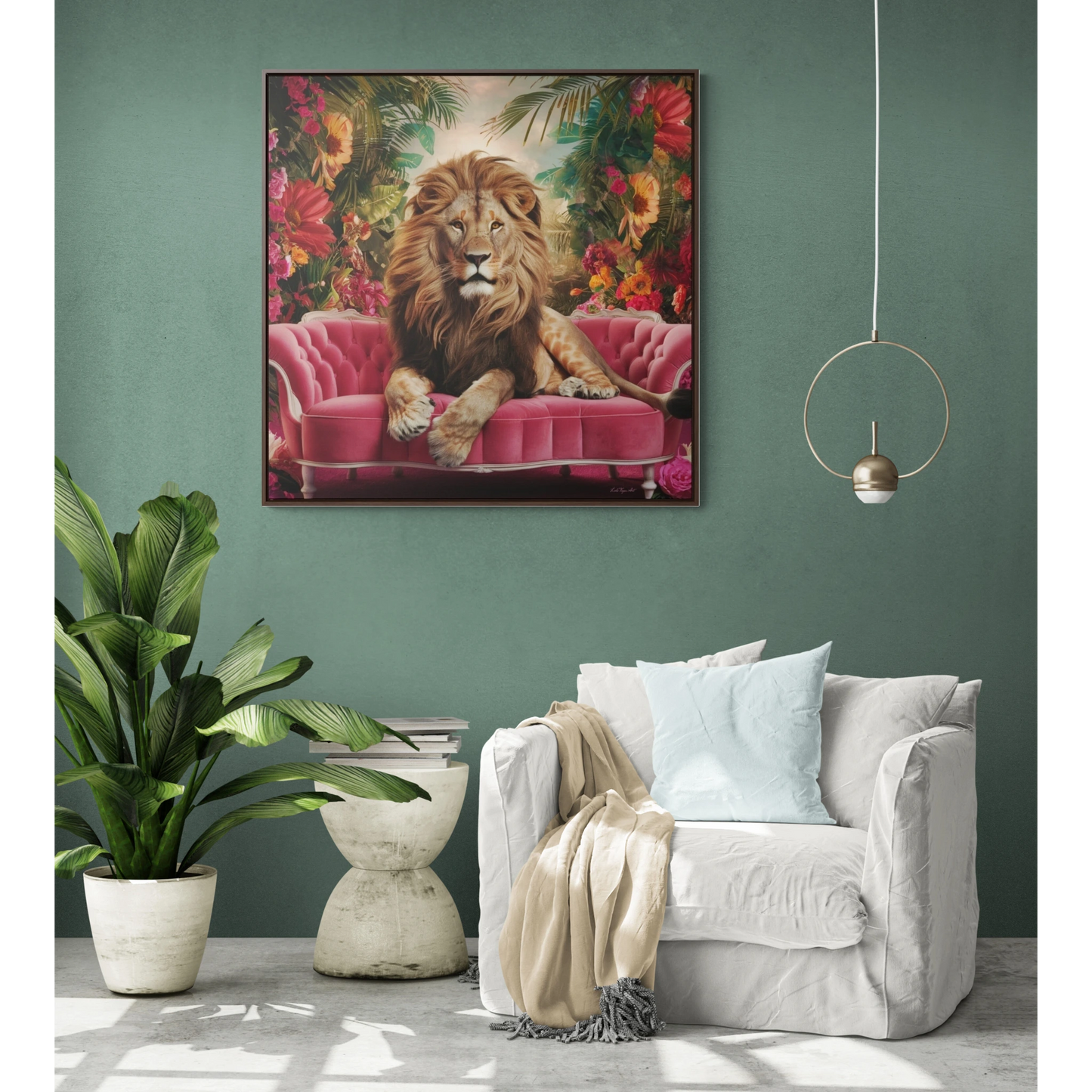 Lion King Square Canvas Wall Art, Majestic Regal Lion with Beautiful Mane on Pink Velvet Couch, Tropical Flowers, Framed Gallery Prints,