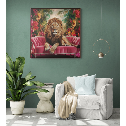 Lion King Square Canvas Wall Art, Majestic Regal Lion with Beautiful Mane on Pink Velvet Couch, Tropical Flowers, Framed Gallery Prints,