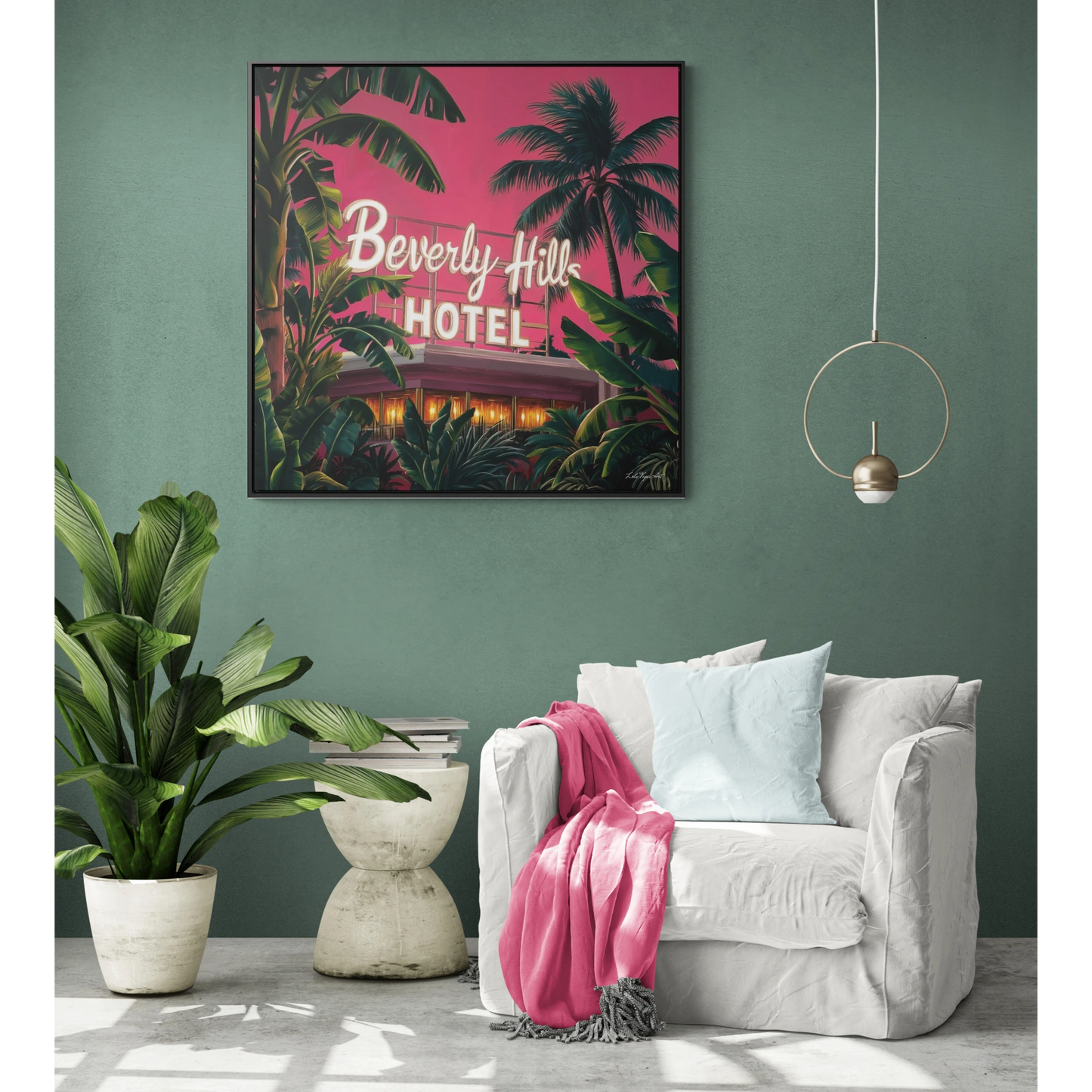 Square Frame Wall Art, Beverly Hills Hotel Retro Sign with Pink Sky and Palm Trees, Canvas Wrap, Home Decor, Gift for Her, Room Decoration