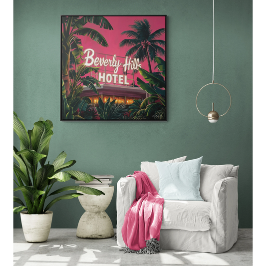 Square Frame Wall Art, Beverly Hills Hotel Retro Sign with Pink Sky and Palm Trees, Canvas Wrap, Home Decor, Gift for Her, Room Decoration