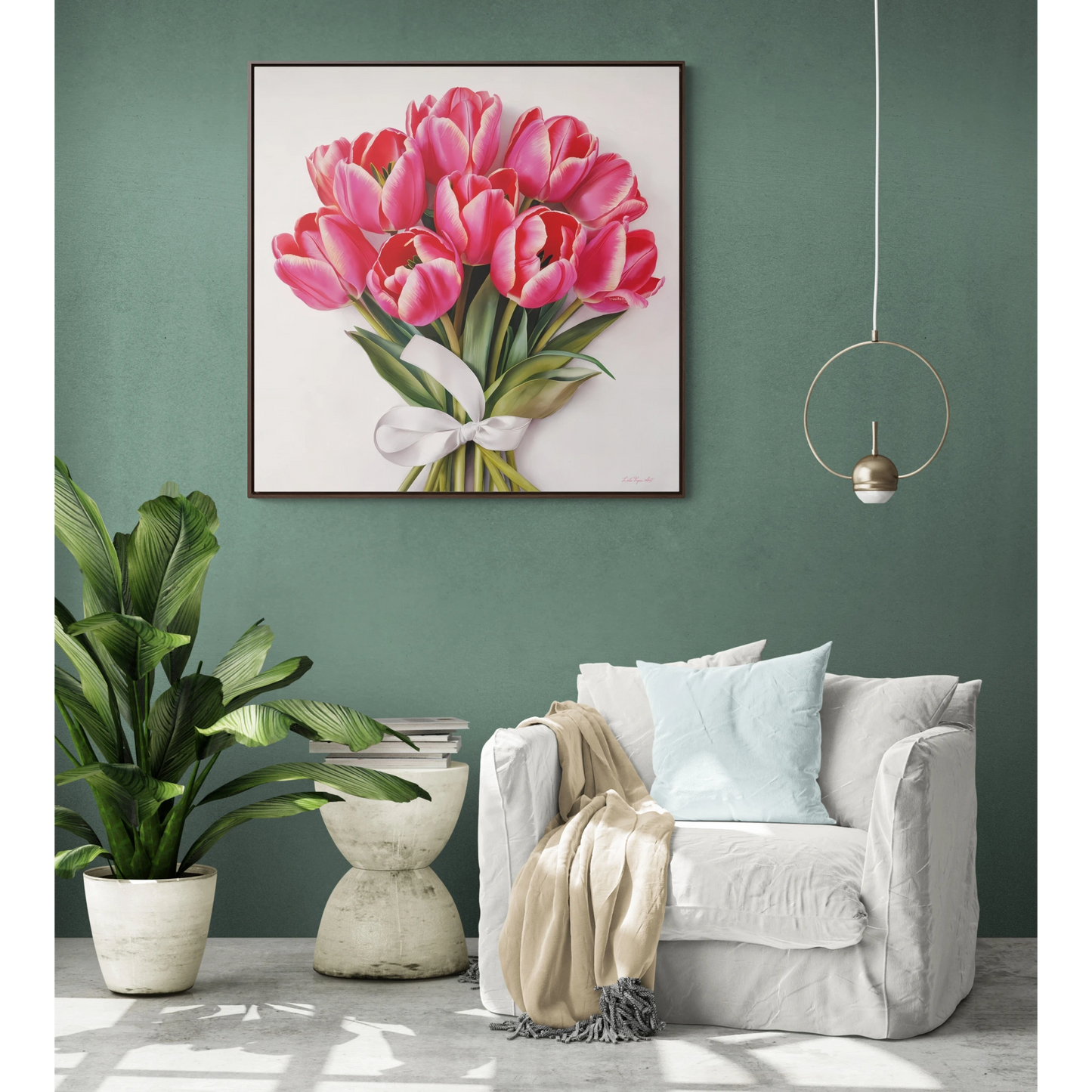 Square Frame Canvas Wall Art, Feminine Pink Tulips Bouquet Gallery Wrap, Home Decor Gift, Floral Print, Living Room Decoration