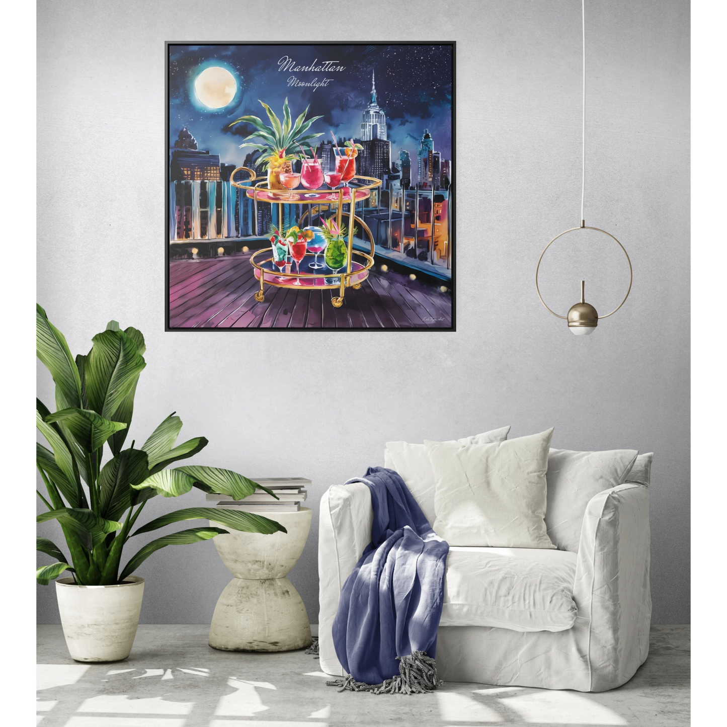 Square Canvas Prints, Rooftop Manhattan Cityscape Wall Art, Bar Cart and Cocktails at Night, Full Moon, Gallery Wrap, Square Frame, Home