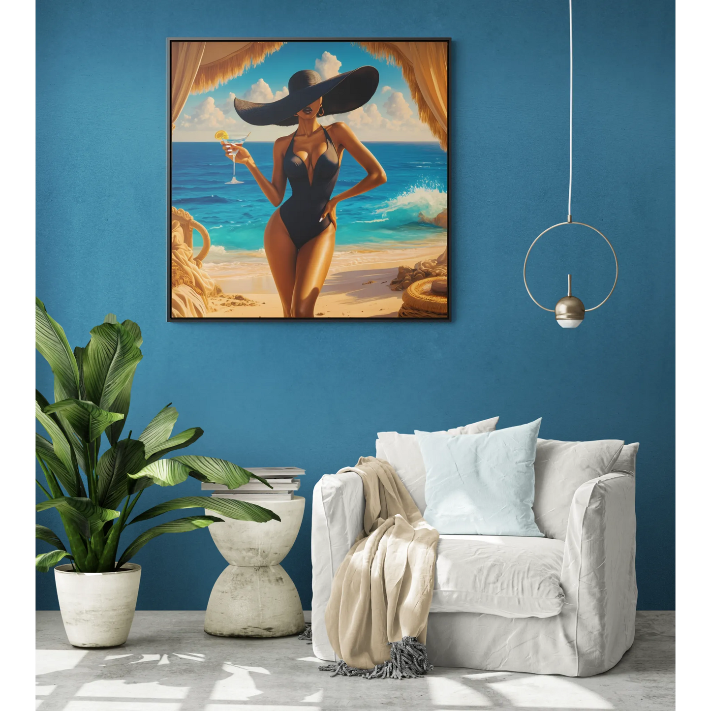 Canvas Wall Art, Woman in Sunhat at Beach with Martini, Home Decor, Square Frame, Vacation, Summer, Ocean View, Tropical Artwork, Beach