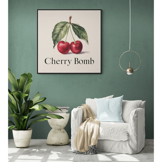 Square Frame Wall Art, Cherry Bomb Cherries Gallery Canvas Wrap, Cute Quirky Home Decor, Kitchen Decor, Fruit Lover Gift, Square Wall