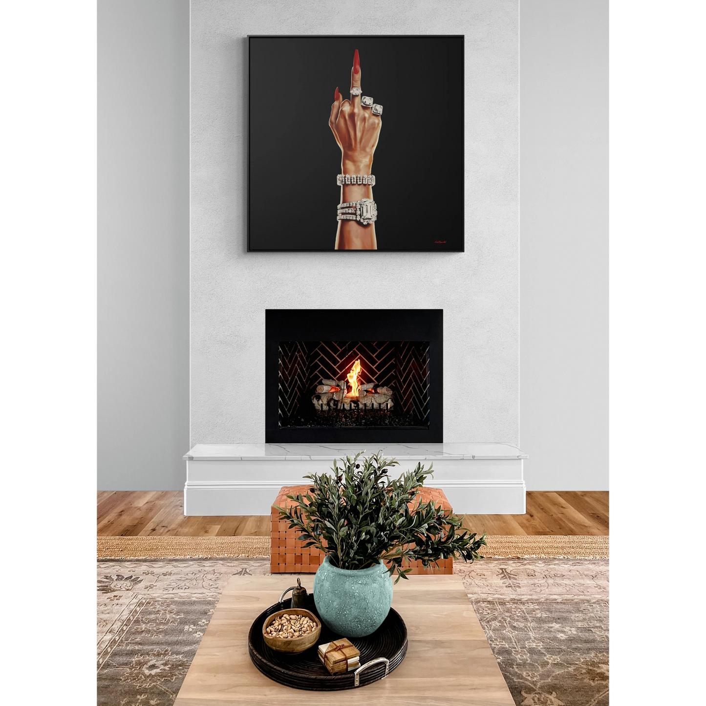 Canvas Wall Art, Feminist Artwork, Square Frame Decor, Bold Female Power, Glamorous Diamond Design, Rich Woman Flipping the Bird, Audacious