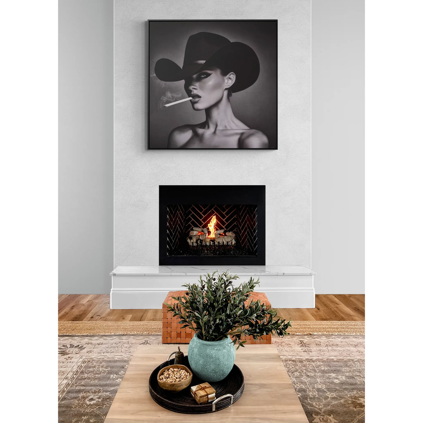 Square Frame Canvas Wall Art, Fashionista Home Decor, Black and White Fine Art Photography, Gorgeous Woman with Freckles, Cowboy Hat,