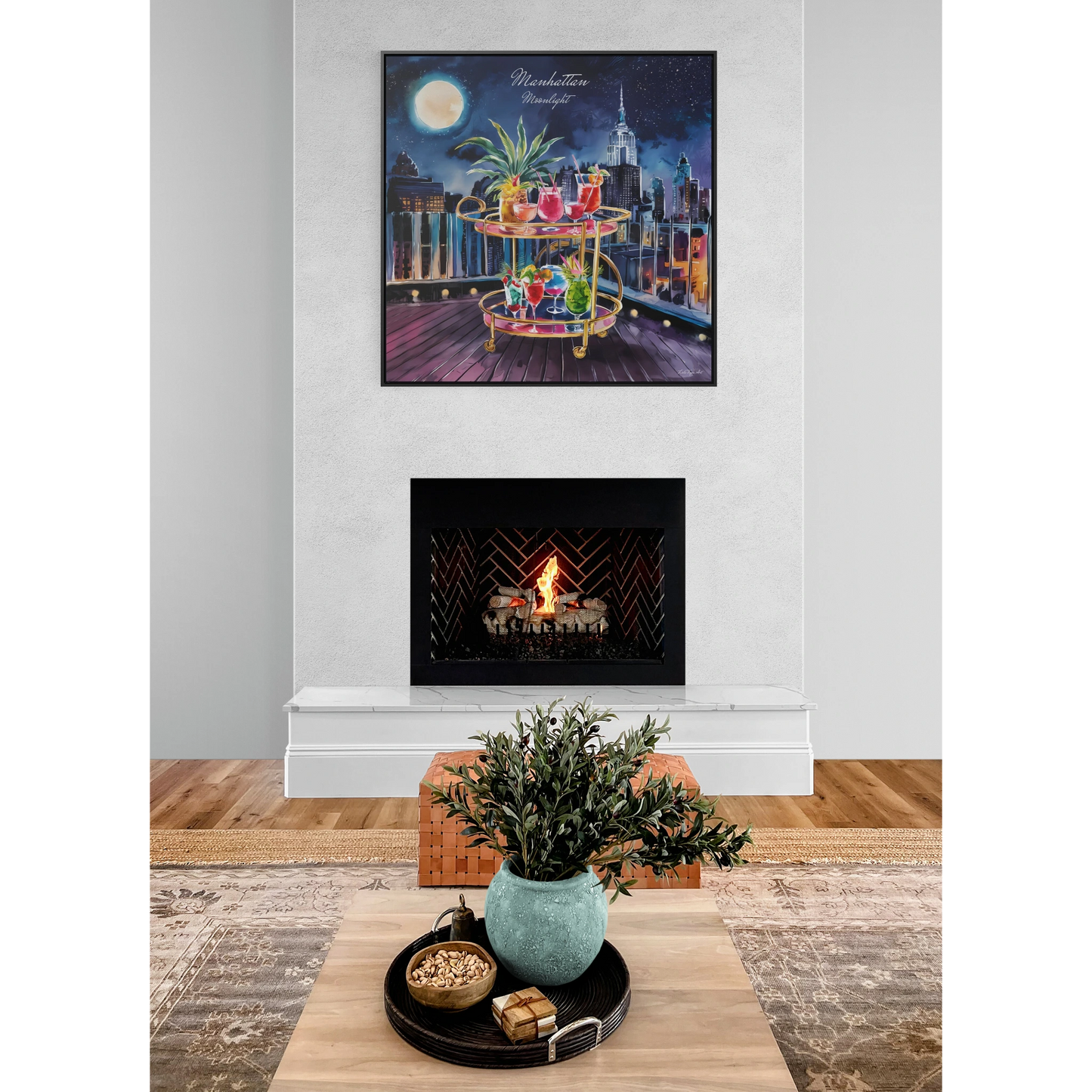 Square Canvas Prints, Rooftop Manhattan Cityscape Wall Art, Bar Cart and Cocktails at Night, Full Moon, Gallery Wrap, Square Frame, Home