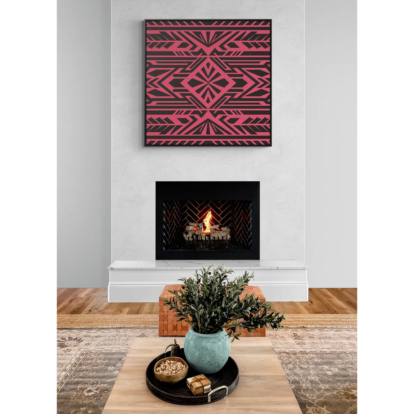 Square Canvas Wall Art, Black Tribal Boho Southwest Design, Pink Red Background, Square Frame, Gallery Decor, Home Decoration, Southwestern