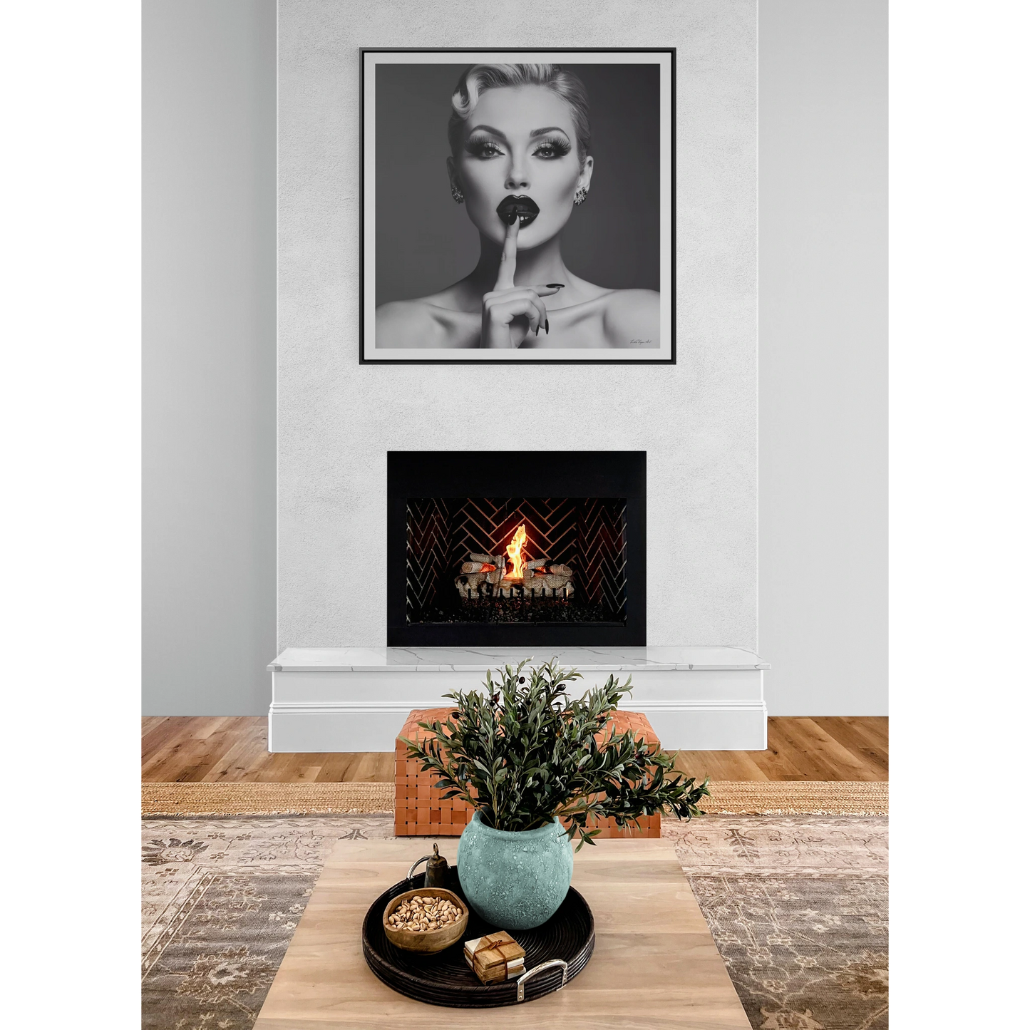 Square Frame Canvas Wall Art, Black & White Glamorous Woman Be Quiet Portrait, Fine Art Photography, Gallery Canvas Wraps, Home Decor, Wall