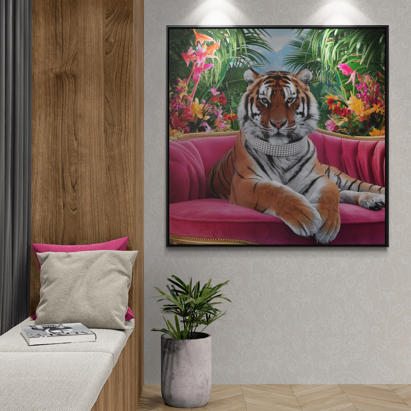 Tiger Square Canvas Wrap Wall Art, Majestic Tropical Flowers Regal Nature Home Decor, Pink Velvet Couch Animal Print, Jungle Theme Room