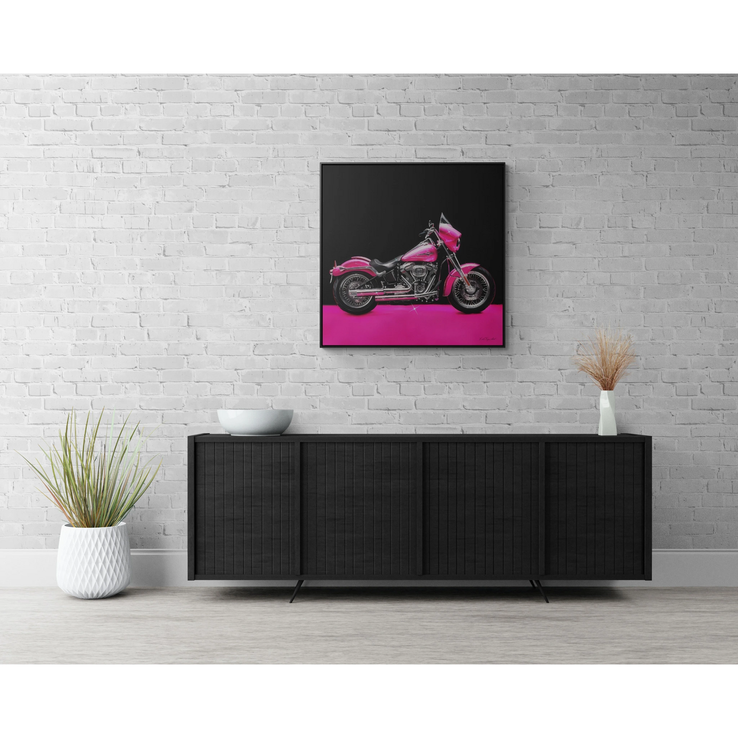 Square Framed Canvas Wall Art, Hot Pink Motorcycle Bling Glamorous Fashionista Decor, Gallery Canvas Wraps, Square Frame, Home Wall Decor,