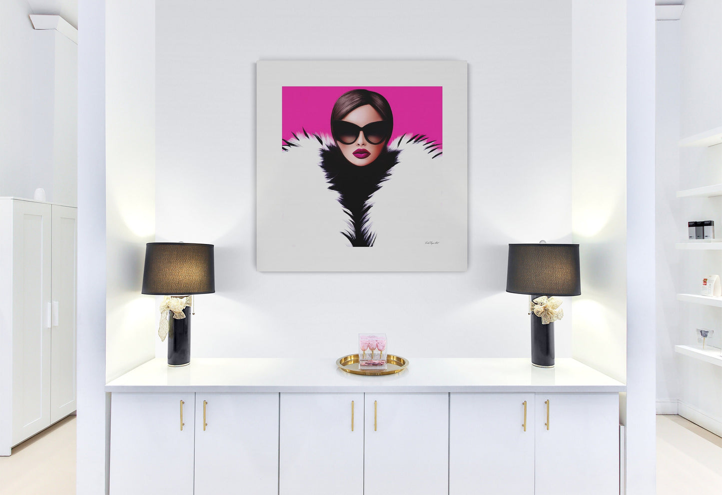 wall art, wall art canvas, wall art decor, woman with fur coat, woman with sunglasses, wall art in pink, wall art glamour, wall art women