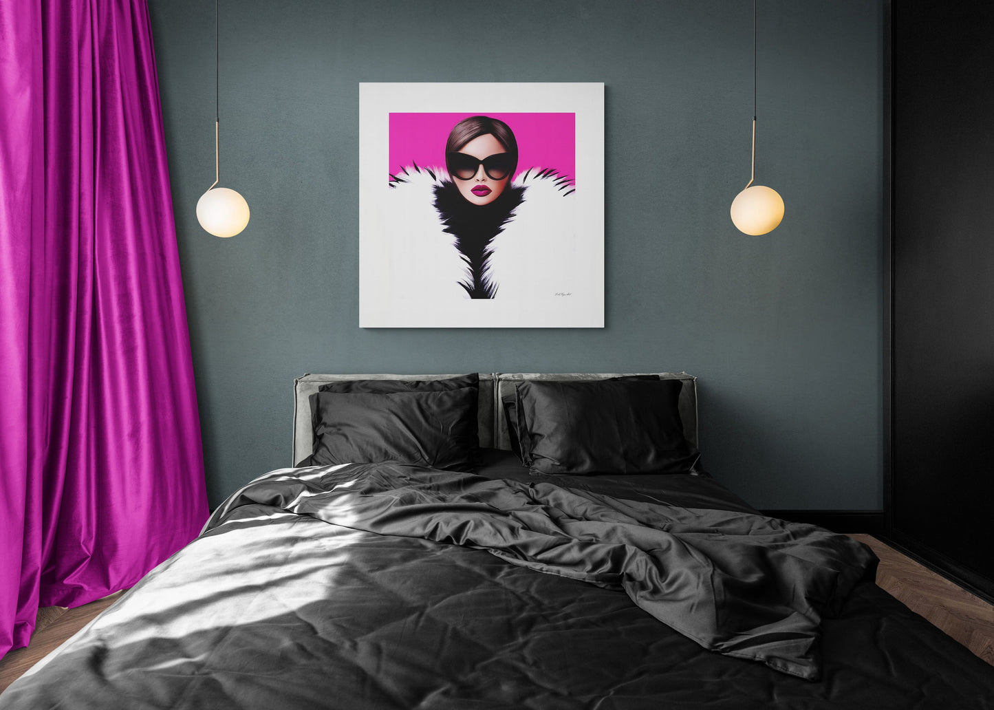 wall art, wall art canvas, wall art decor, woman with fur coat, woman with sunglasses, wall art in pink, wall art glamour, wall art women