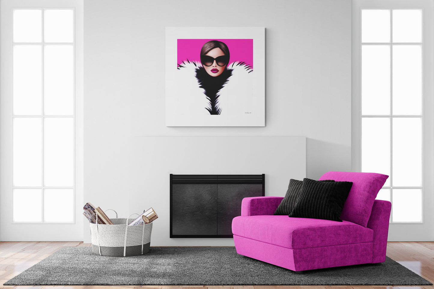 wall art, wall art canvas, wall art decor, woman with fur coat, woman with sunglasses, wall art in pink, wall art glamour, wall art women