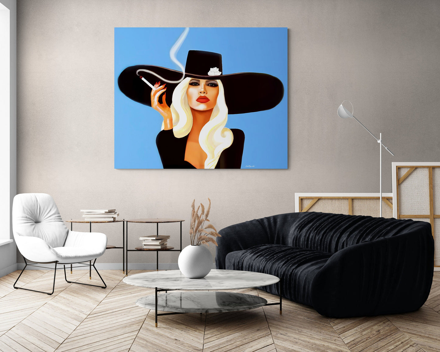 wall art, wall art canvas, wall art dcor, woman art, cigarette, smoking, woman smoking, woman in hat