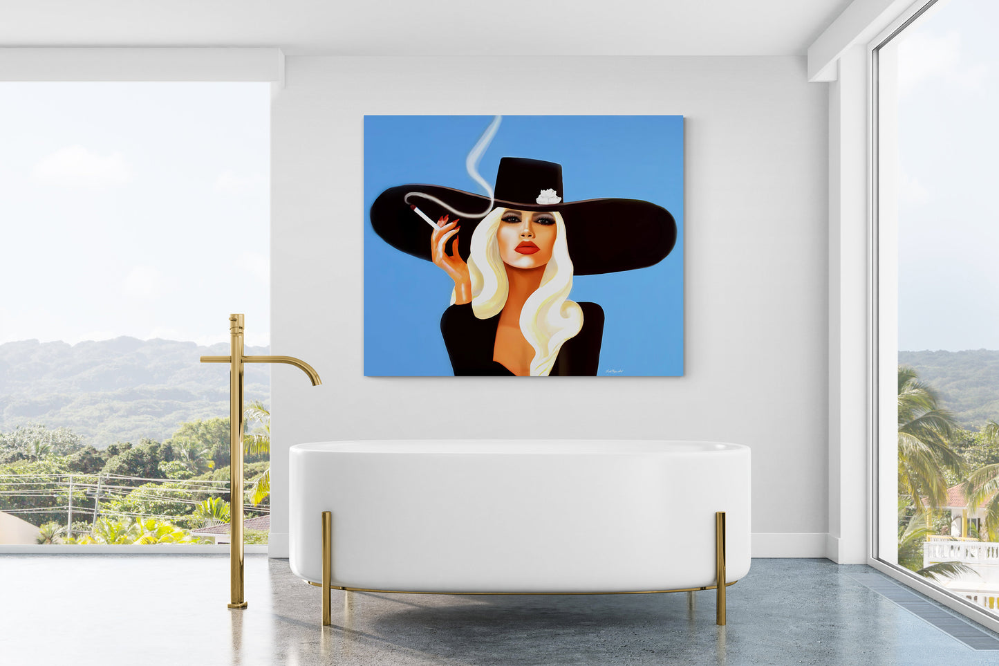 wall art, wall art canvas, wall art dcor, woman art, cigarette, smoking, woman smoking, woman in hat