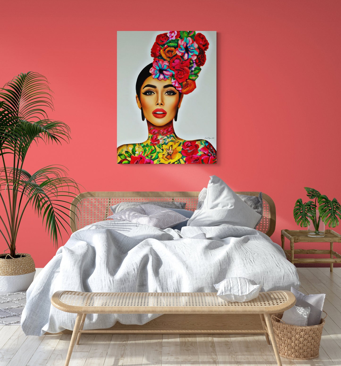 flower girl hair, canvas wall art, flower woman,  woman art, wall art, wall art decor, latina art, mexican woman, tattoo