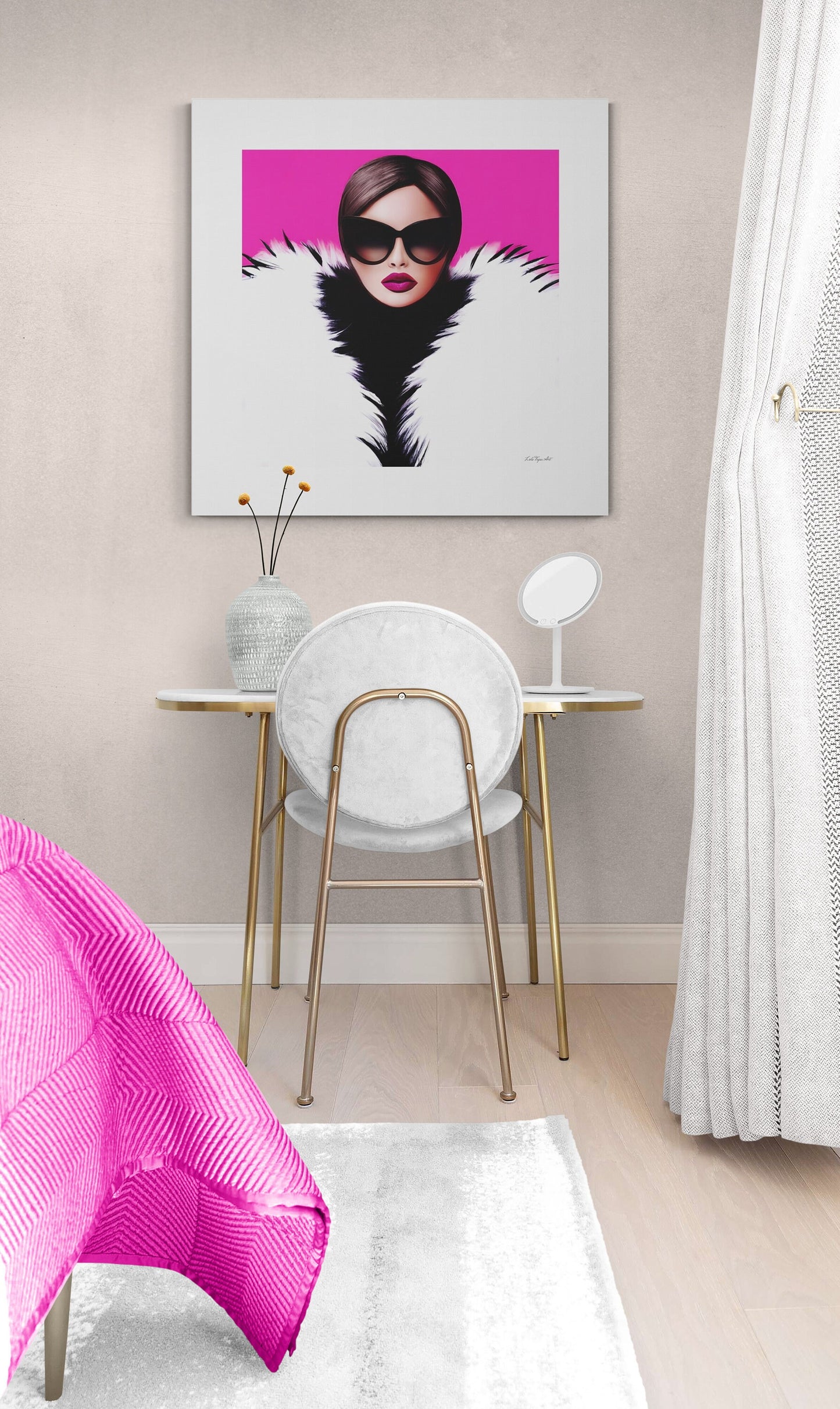 wall art, wall art canvas, wall art decor, woman with fur coat, woman with sunglasses, wall art in pink, wall art glamour, wall art women