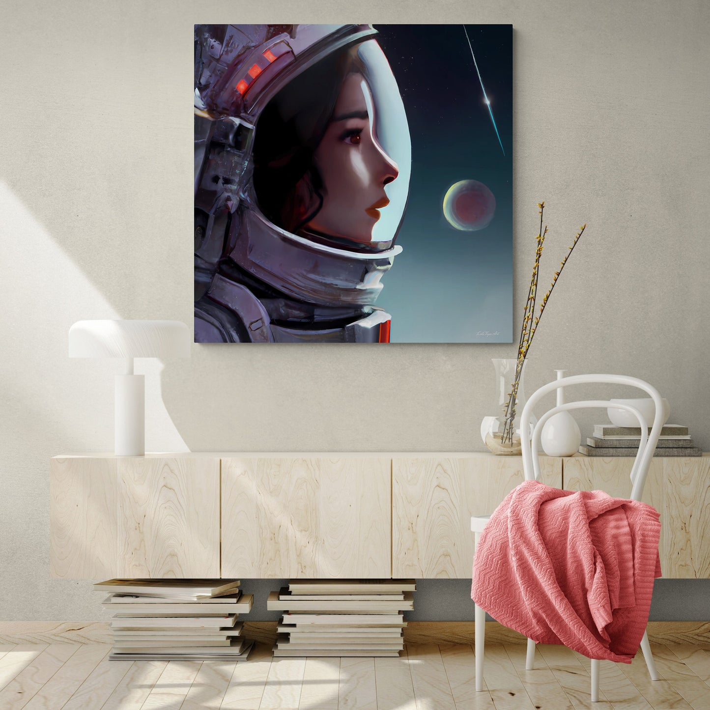 female astronaut, space art, space art print, astronaut in space, wall art, wall art canvas, astronaut gift, emotional wall art