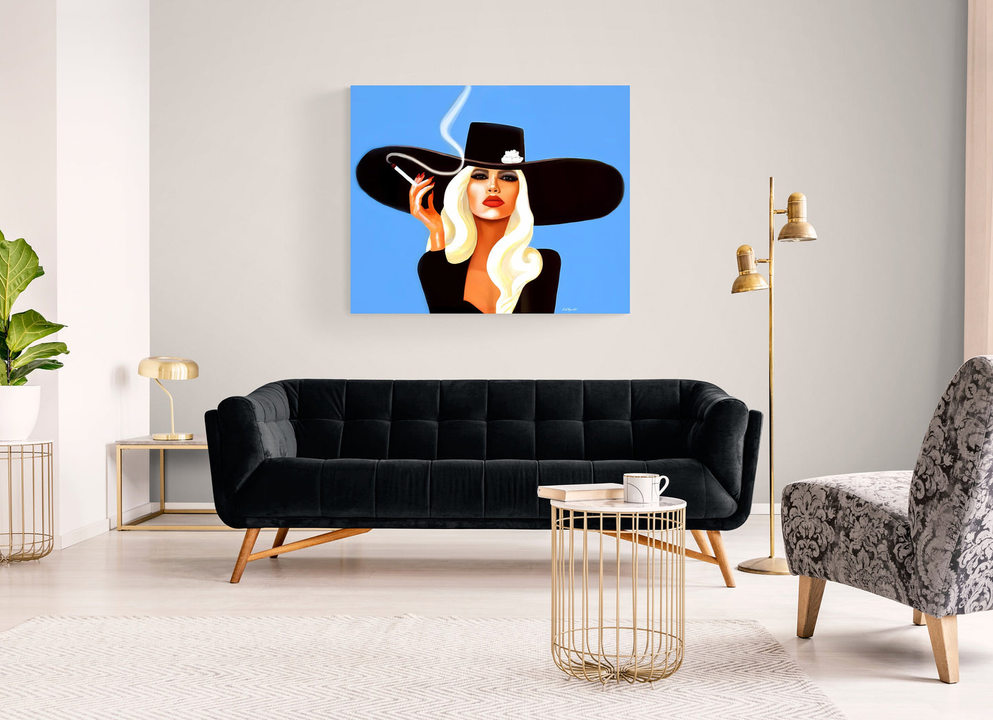 wall art, wall art canvas, wall art dcor, woman art, cigarette, smoking, woman smoking, woman in hat