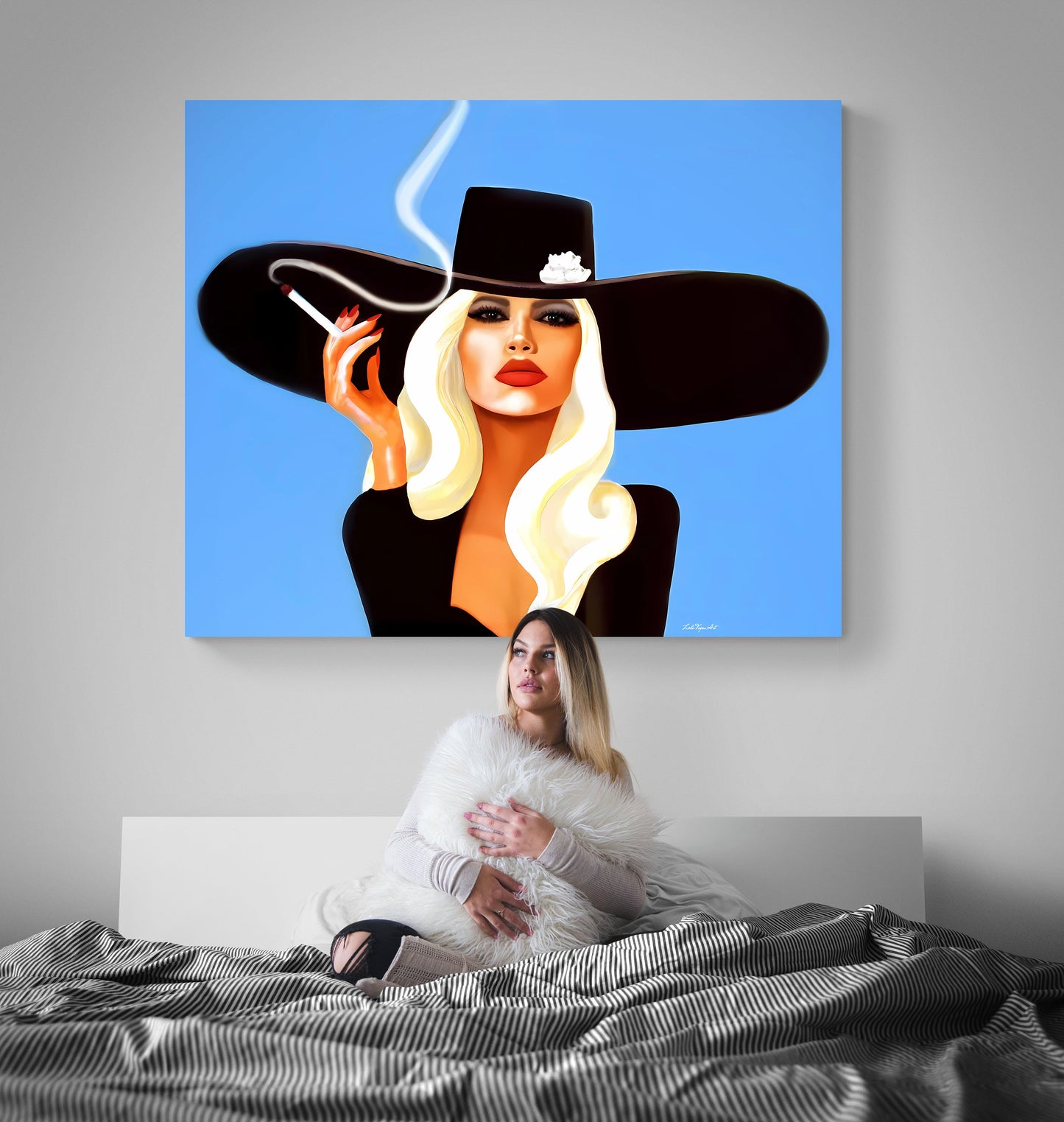 wall art, wall art canvas, wall art dcor, woman art, cigarette, smoking, woman smoking, woman in hat