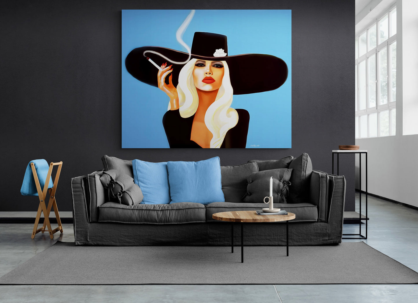 wall art, wall art canvas, wall art dcor, woman art, cigarette, smoking, woman smoking, woman in hat