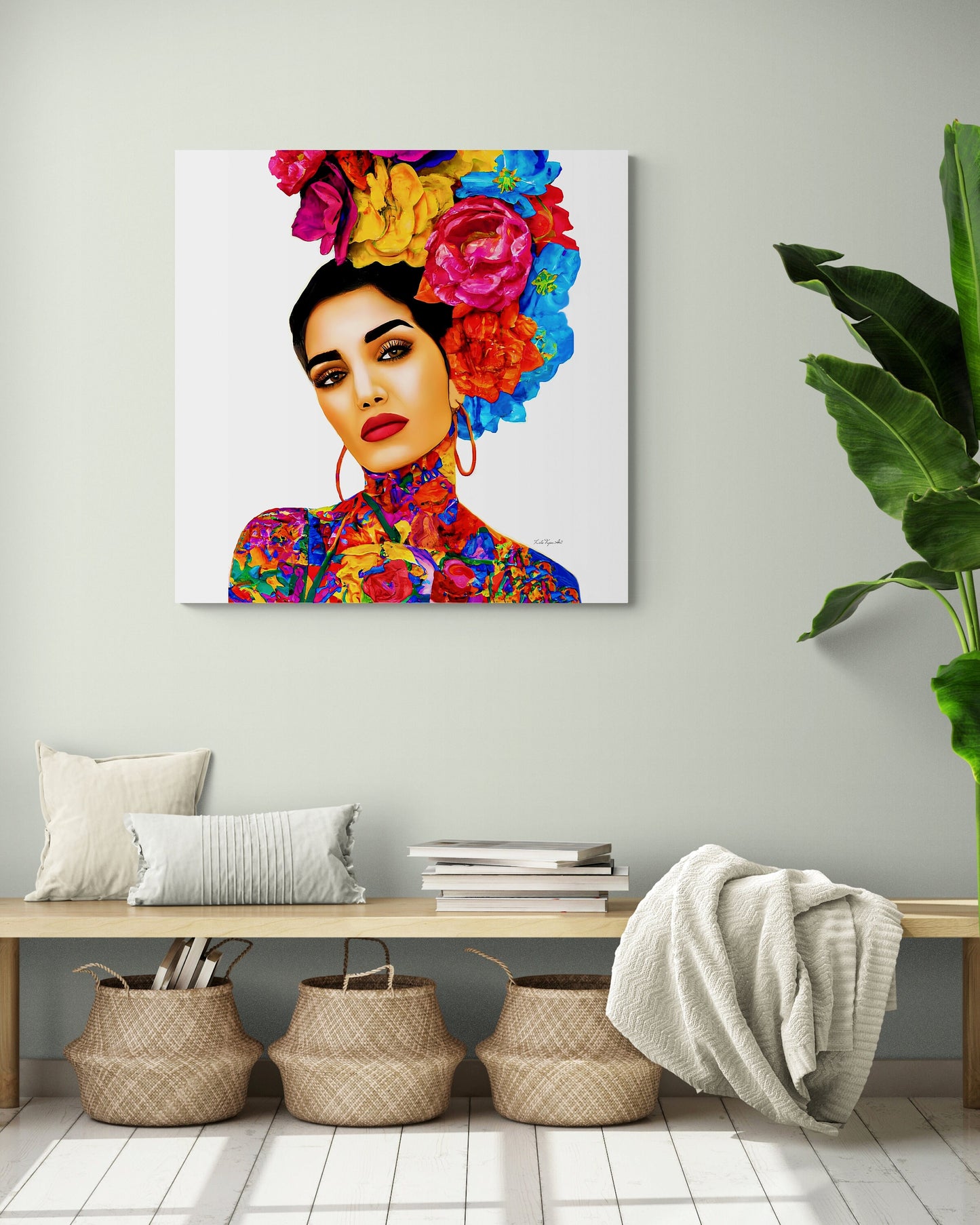 flower girl hair, canvas wall art, flower woman,  woman art, wall art, wall art decor, latina art, wall art living room, tattoo