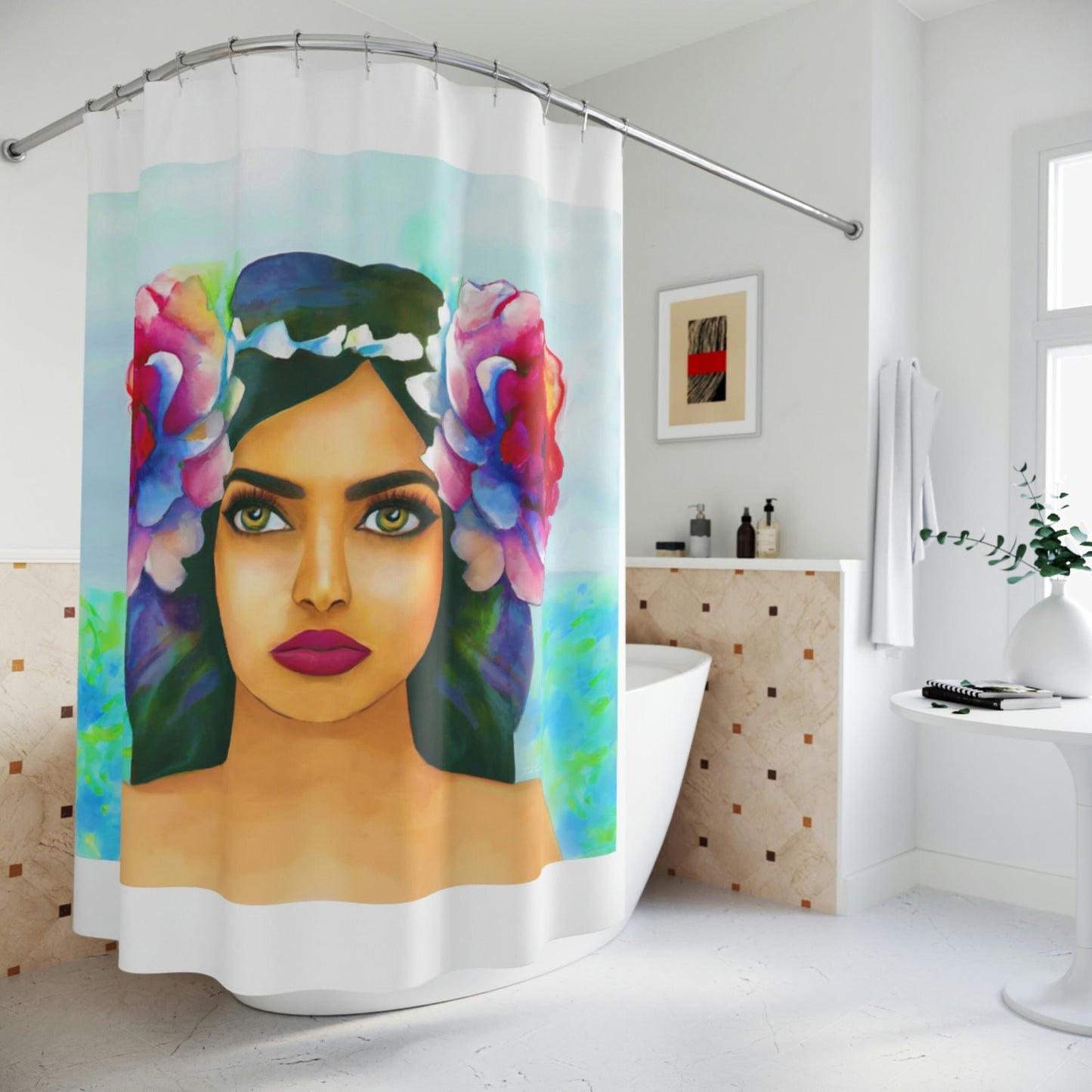 flowers. island girl,  shower curtain, home accessories, bathroom dcor, bathroom, home dcor, housewarming gift, shower room decor