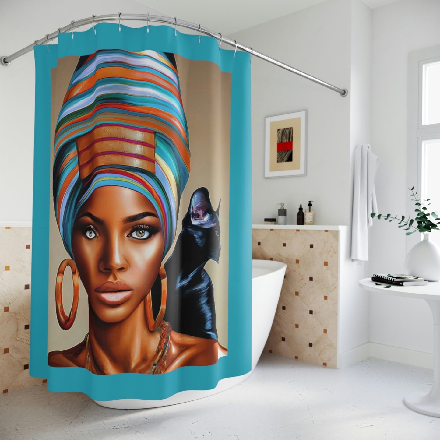 black woman, black cat, shower curtain, home accessories, bathroom dcor, bathroom, home dcor, housewarming gift, shower room decor