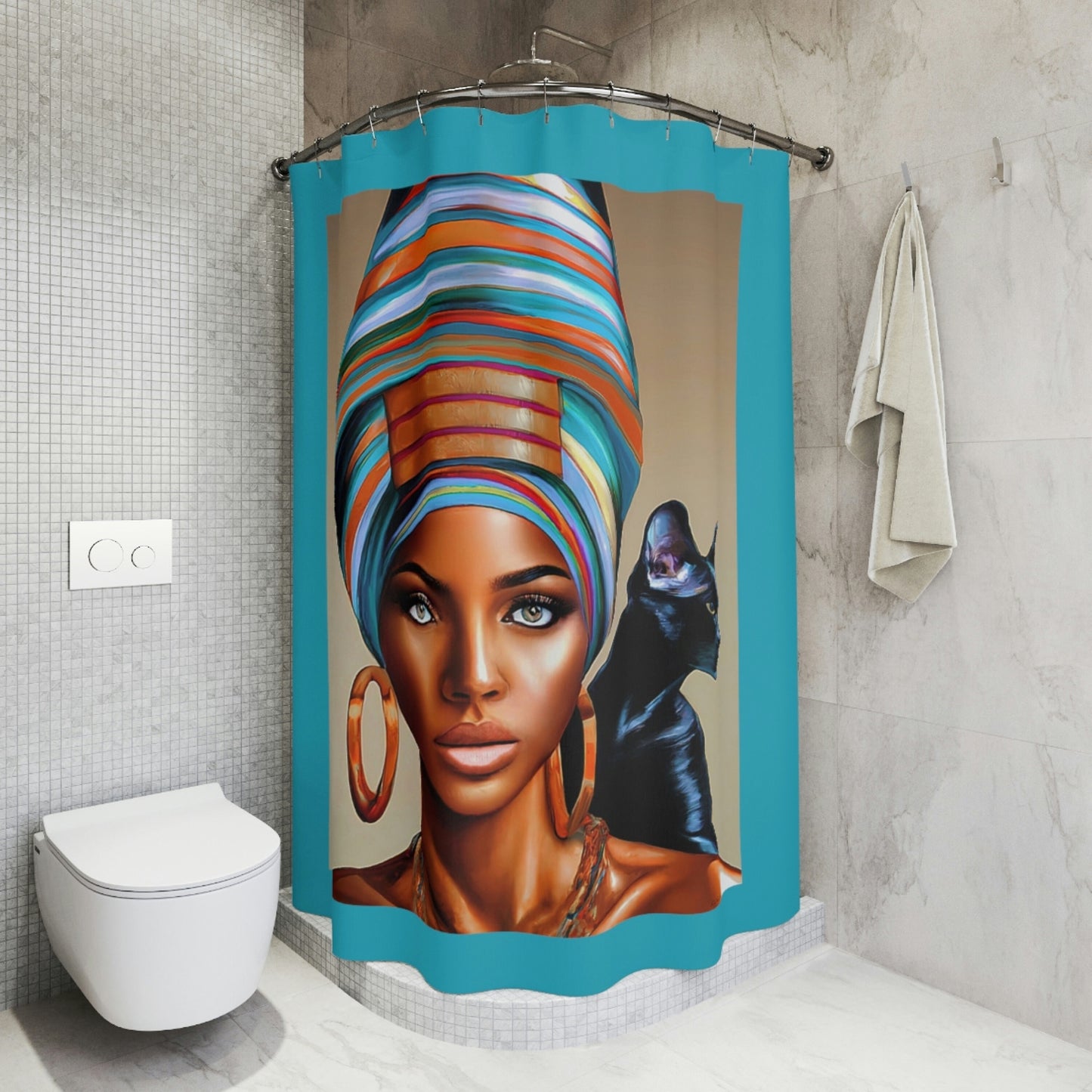 black woman, black cat, shower curtain, home accessories, bathroom dcor, bathroom, home dcor, housewarming gift, shower room decor