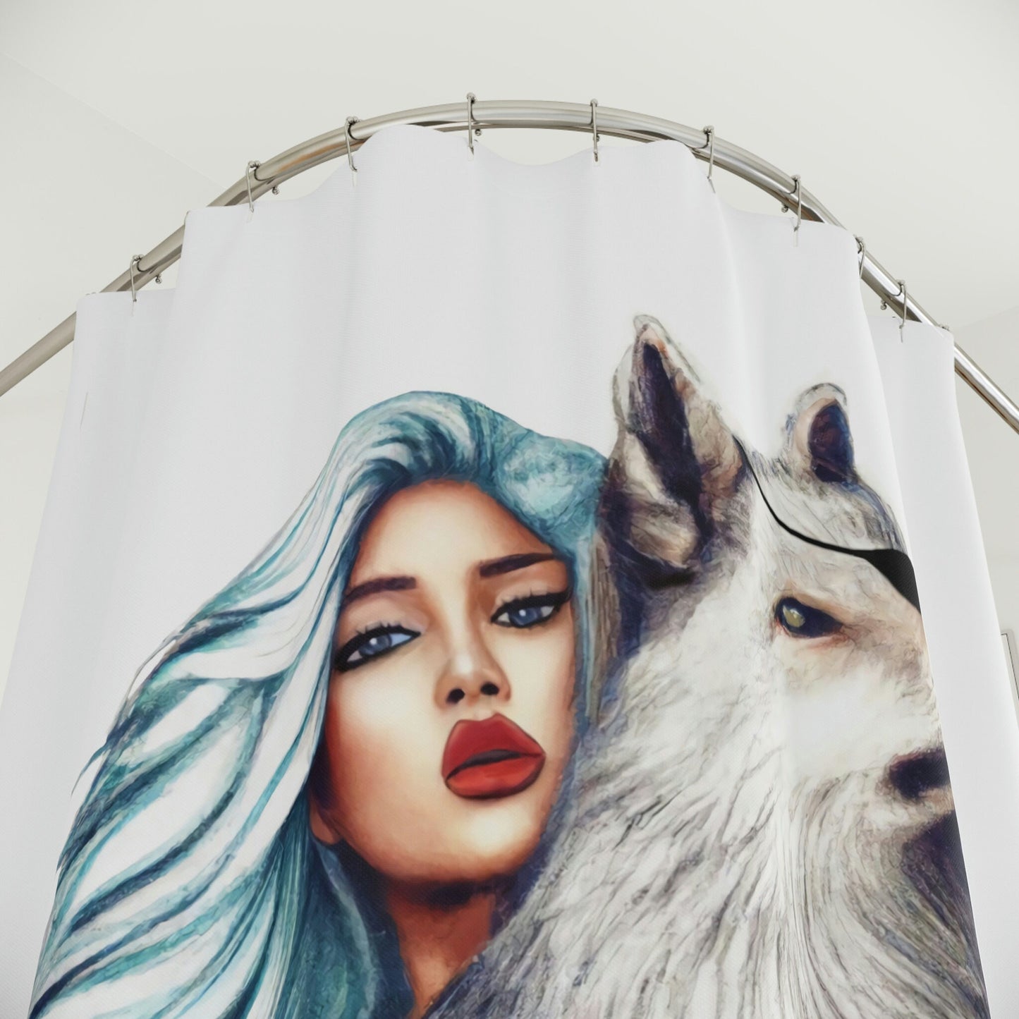 woman, wolf, fantasy art, shower curtain, home accessories, bathroom dcor, bathroom, home dcor, housewarming gift, shower room decor