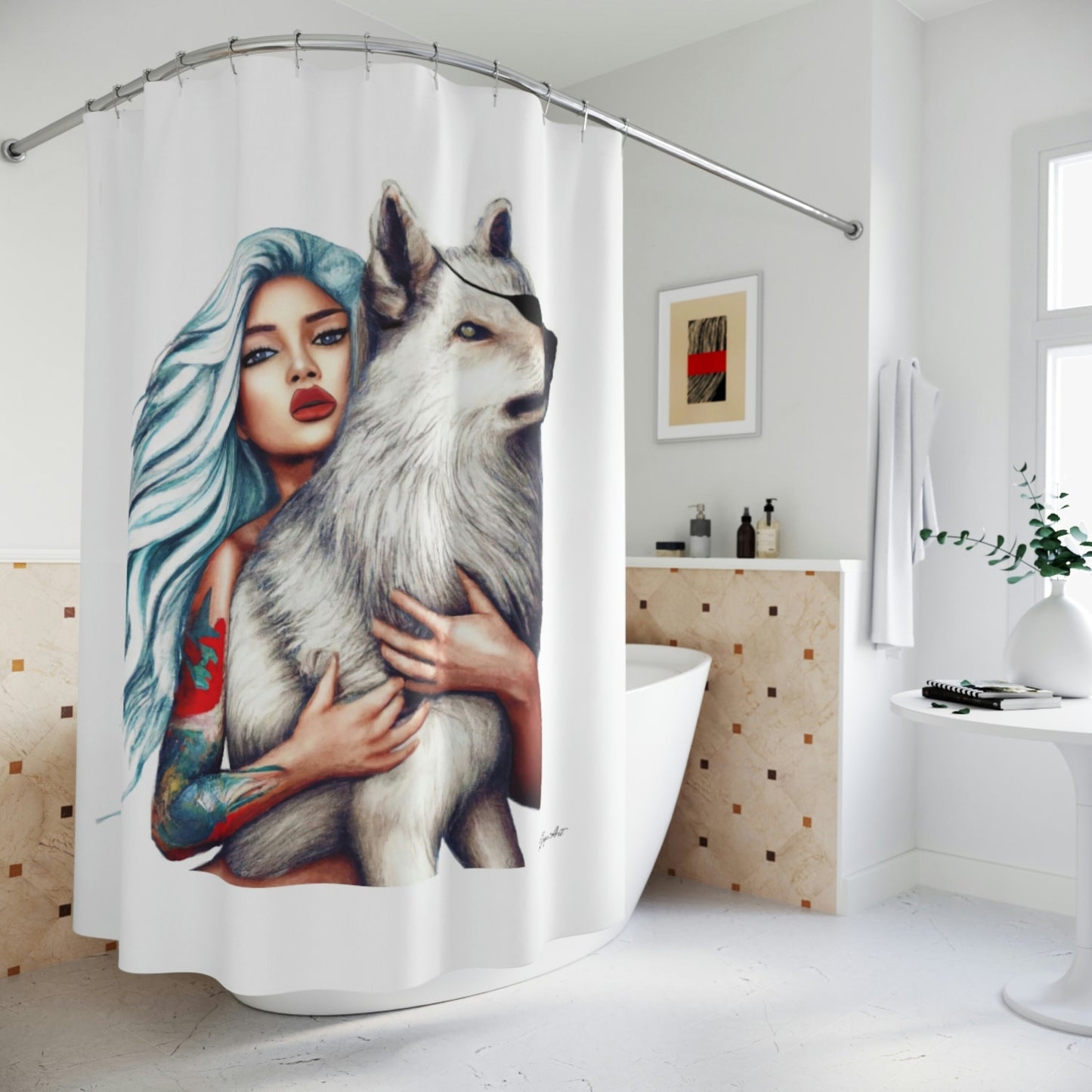 woman, wolf, fantasy art, shower curtain, home accessories, bathroom dcor, bathroom, home dcor, housewarming gift, shower room decor