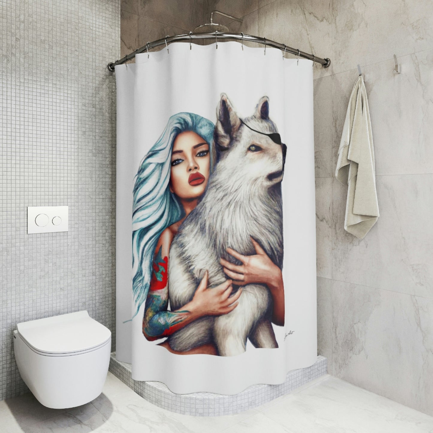 woman, wolf, fantasy art, shower curtain, home accessories, bathroom dcor, bathroom, home dcor, housewarming gift, shower room decor