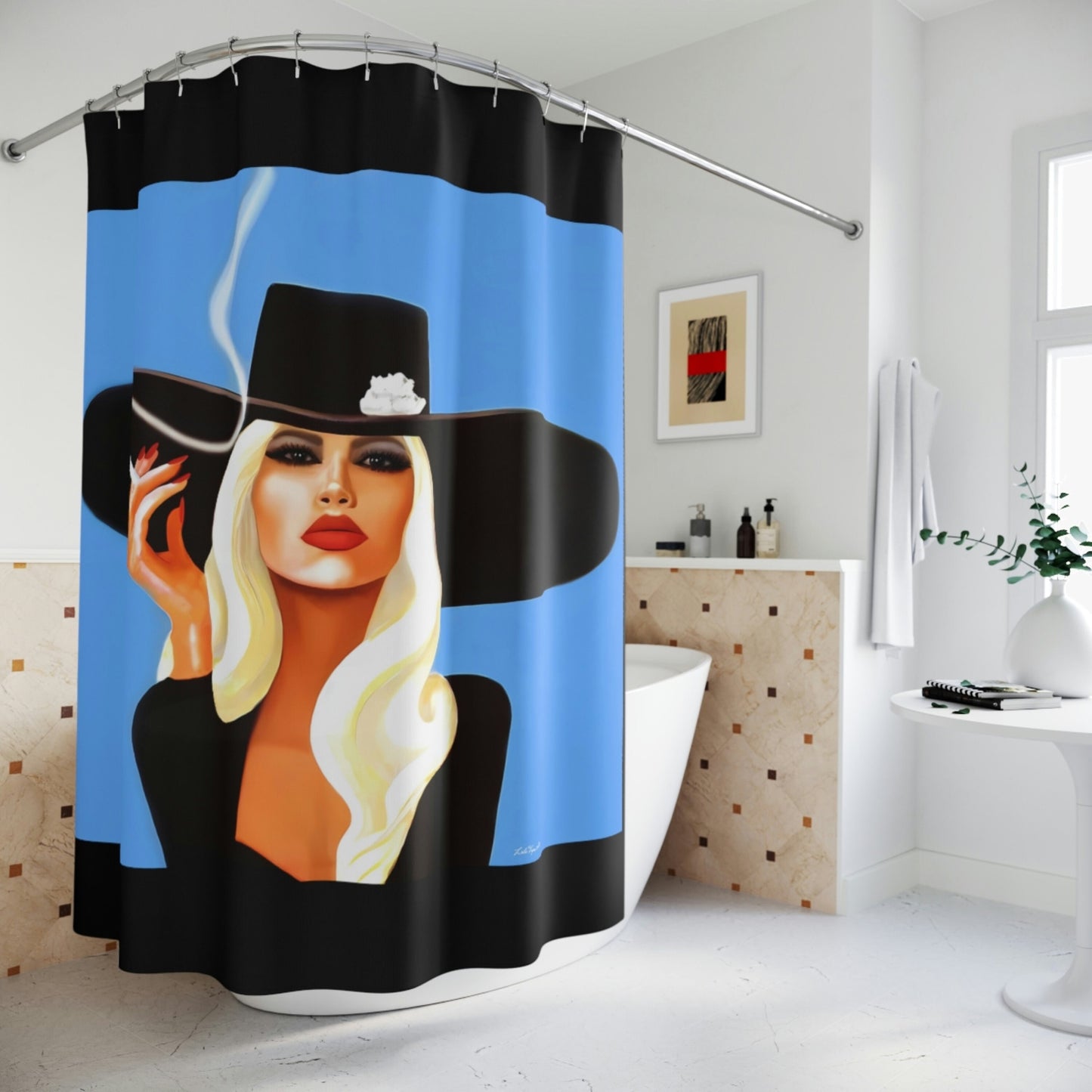 woman in hat, smoking, shower curtain, home accessories, bathroom dcor, bathroom, home dcor, housewarming gift, shower room decor