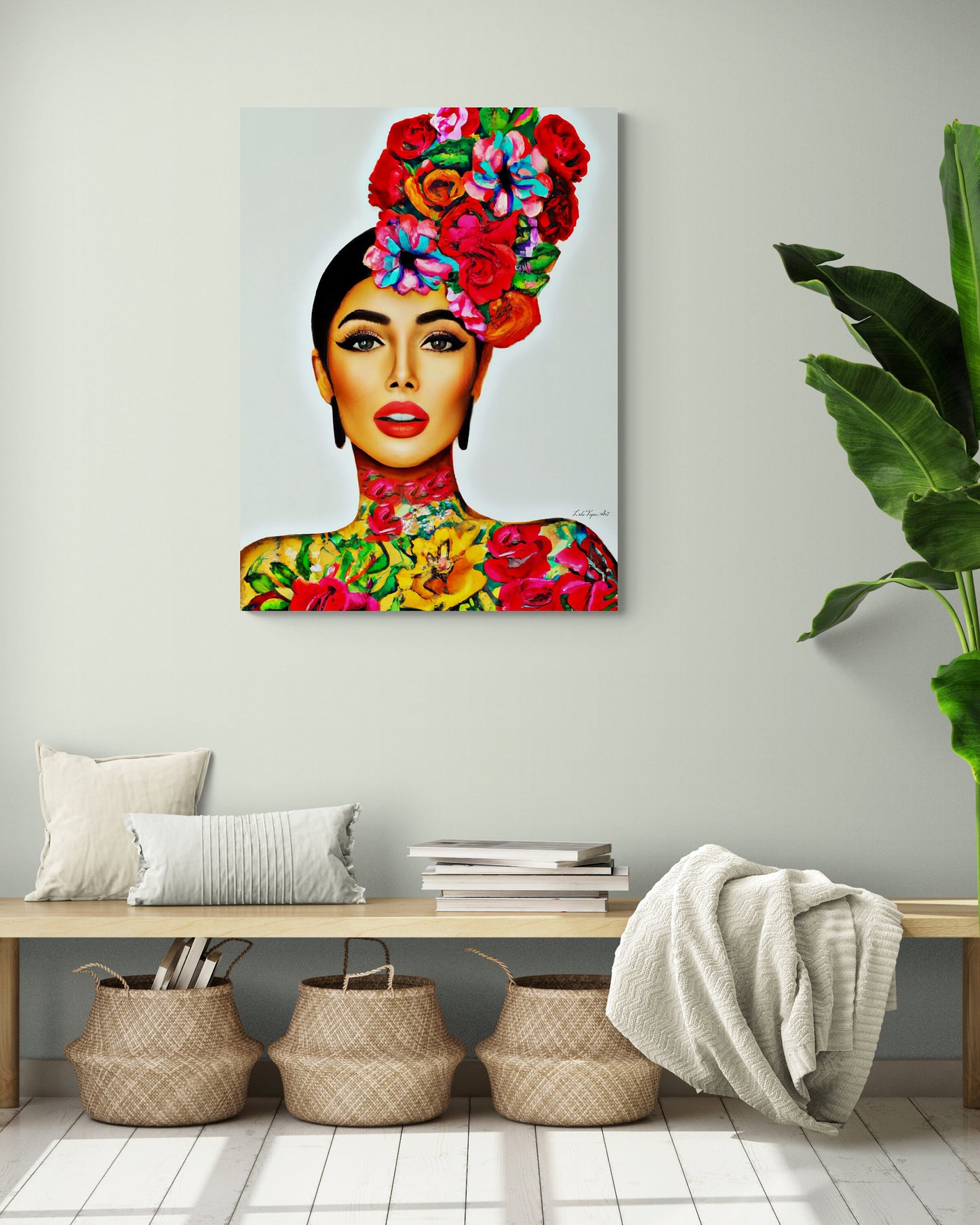 flower girl hair, canvas wall art, flower woman,  woman art, wall art, wall art decor, latina art, mexican woman, tattoo