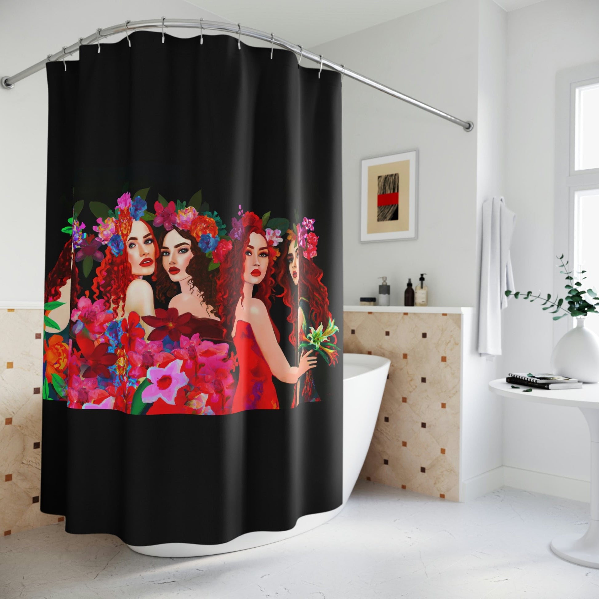 women, flowers, shower curtain, home accessories, bathroom dcor, bathroom, home dcor, housewarming gift, shower room decor - LOLA VEGAS ART