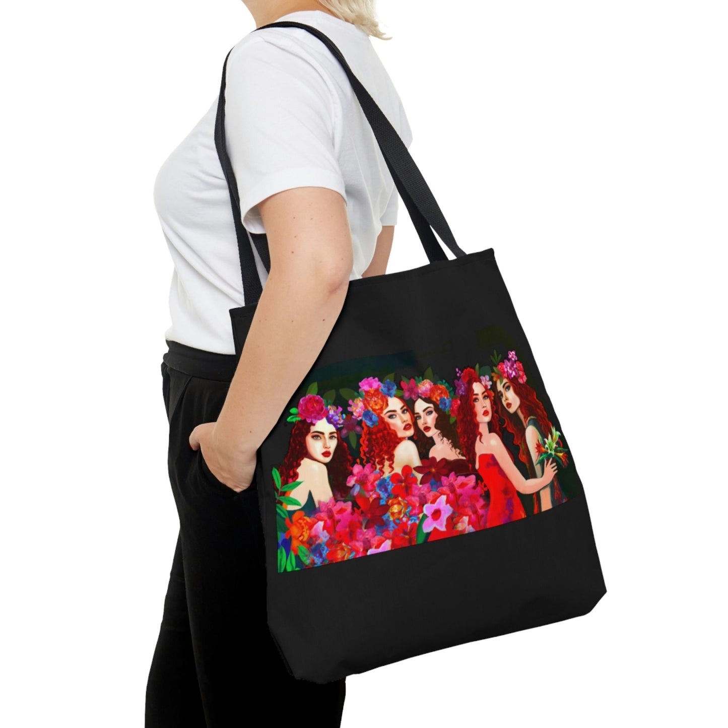 women, red hair, flowers,  bag, canvas bag, tote bag, gifts for women, canvas shopper, reusable bag, shopping bag, tote bag for women