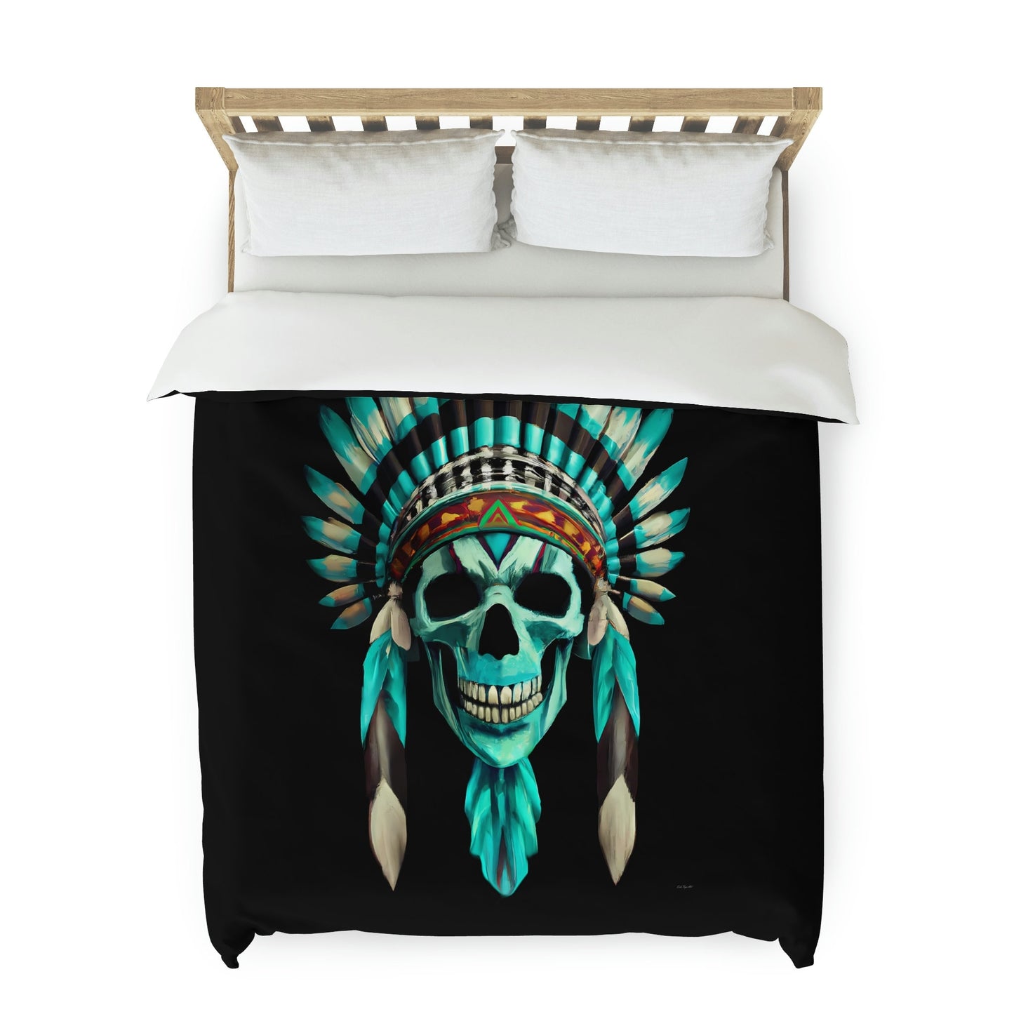 skull, native american headdress, duvet cover, bedding, twin XL, queen, king size, bedroom decor, gothic, turquoise, modern home decor