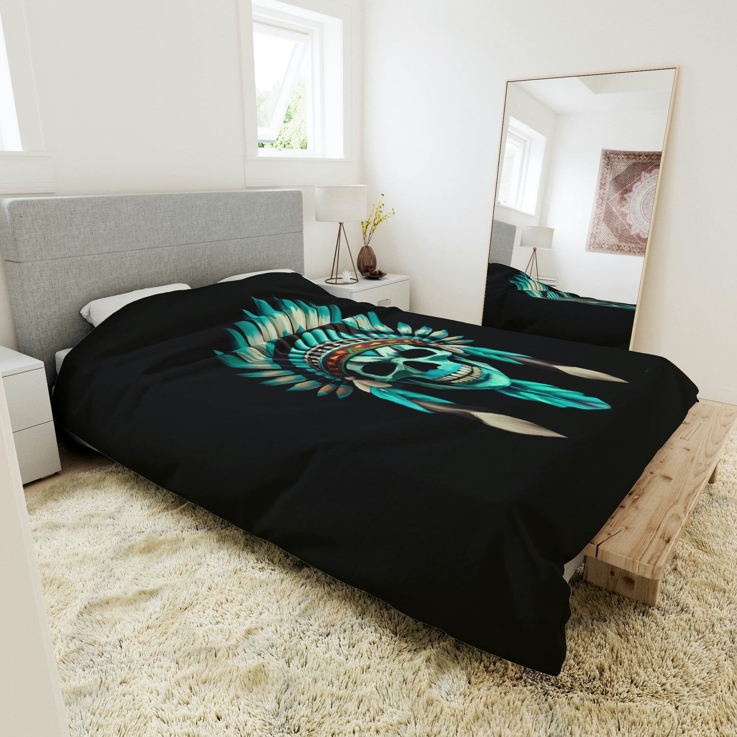 skull, native american headdress, duvet cover, bedding, twin XL, queen, king size, bedroom decor, gothic, turquoise, modern home decor