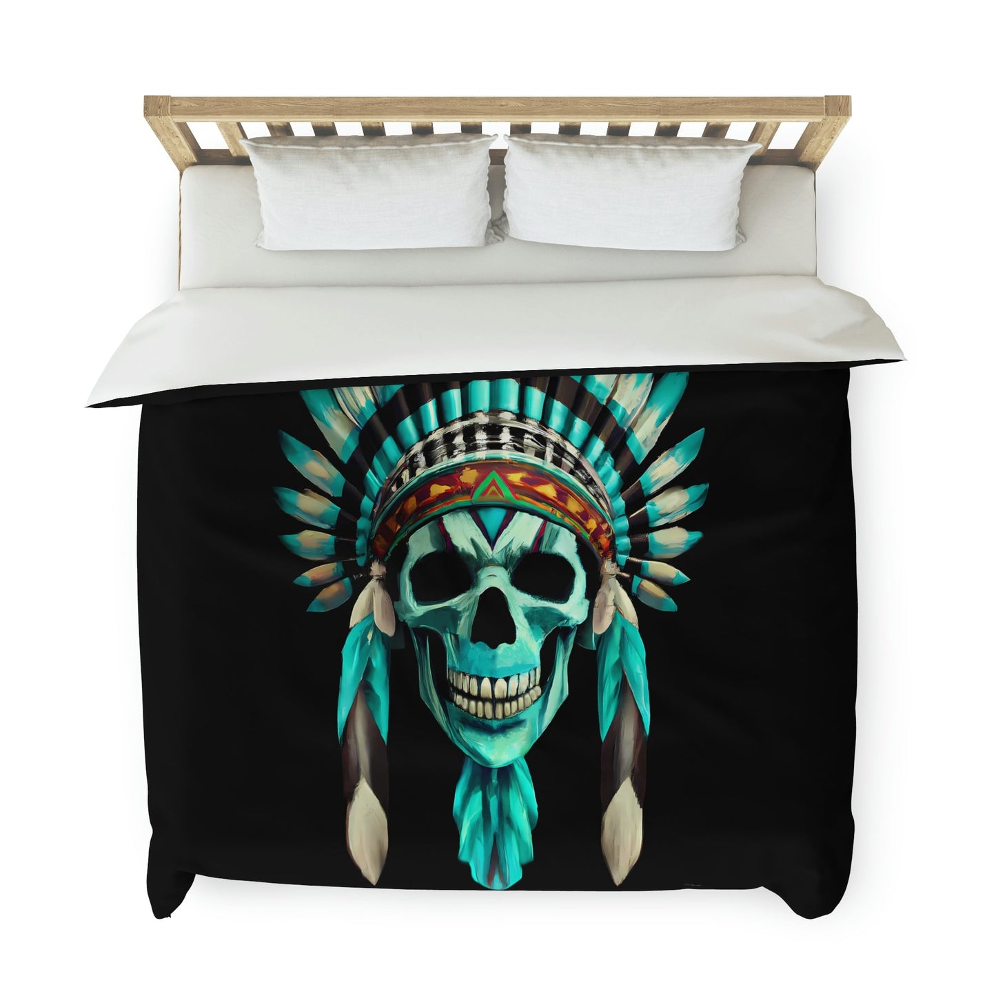 skull, native american headdress, duvet cover, bedding, twin XL, queen, king size, bedroom decor, gothic, turquoise, modern home decor